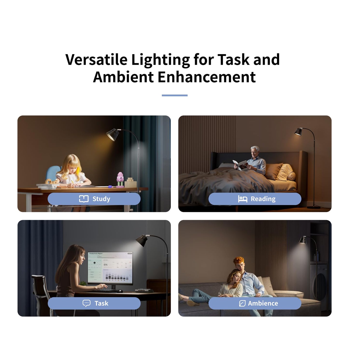 AXX Reading Floor Lamp for Living Room, Flexible Gooseneck Standing Lights for Task, Craft, Architect - Small-Shade, Metal, LED, Black, Bright, Dimmable