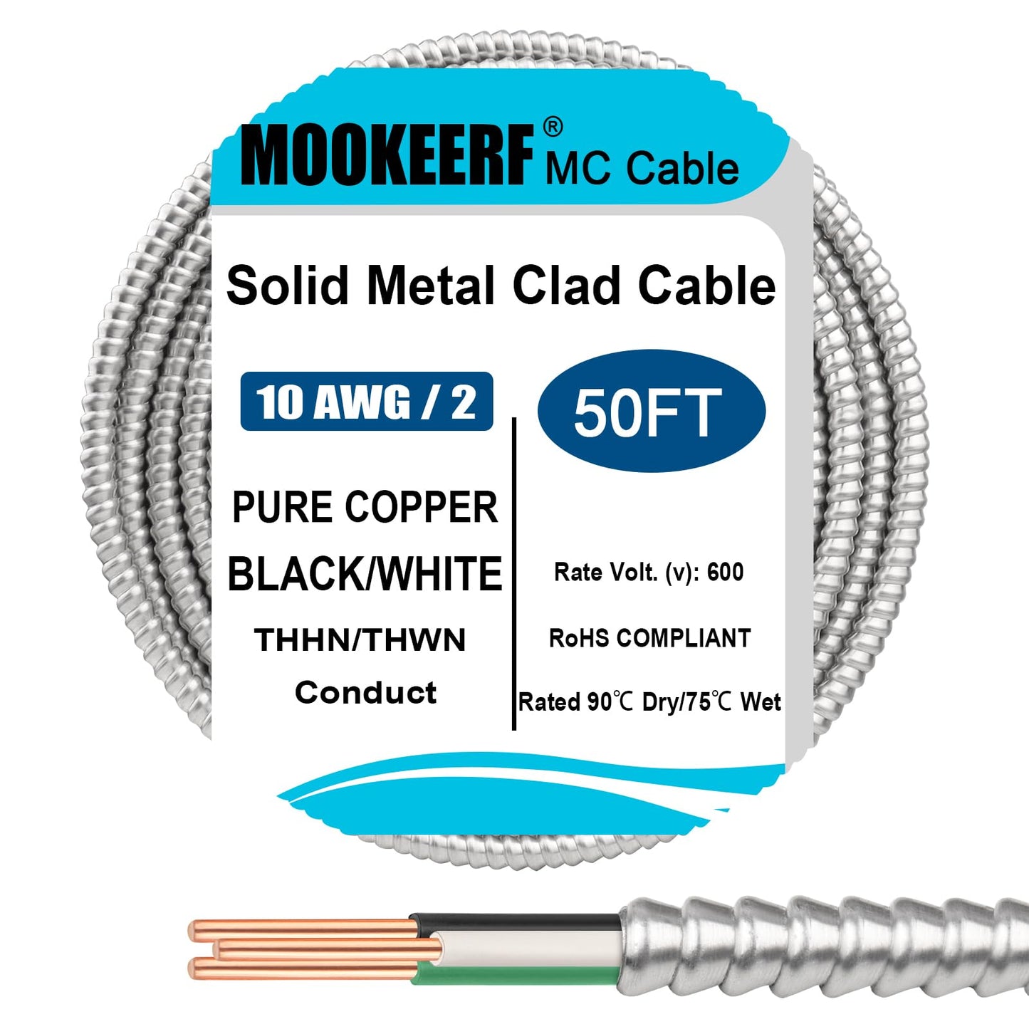 10/2 MC Cable with Ground - 50FT Pure Copper 10AWG/2 Metal Clad Wire with Aluminum Armor 10 Gauge 2 Conductor Type MC Alum Cable