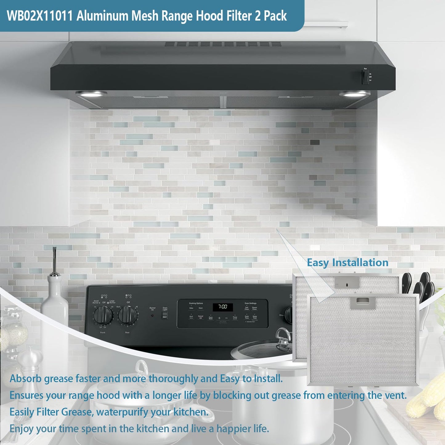 WB02X11011 Range Hood Filter Replacement For GE Range Hood JV636H1SS JV636H2SS JV536H1SS JV536H2SS JV535H1WW JV635H1BB JV635H2CC 14-1/2" x 11-5/8" 5-Layer Aluminum Mesh Grease Filter 2 Pack