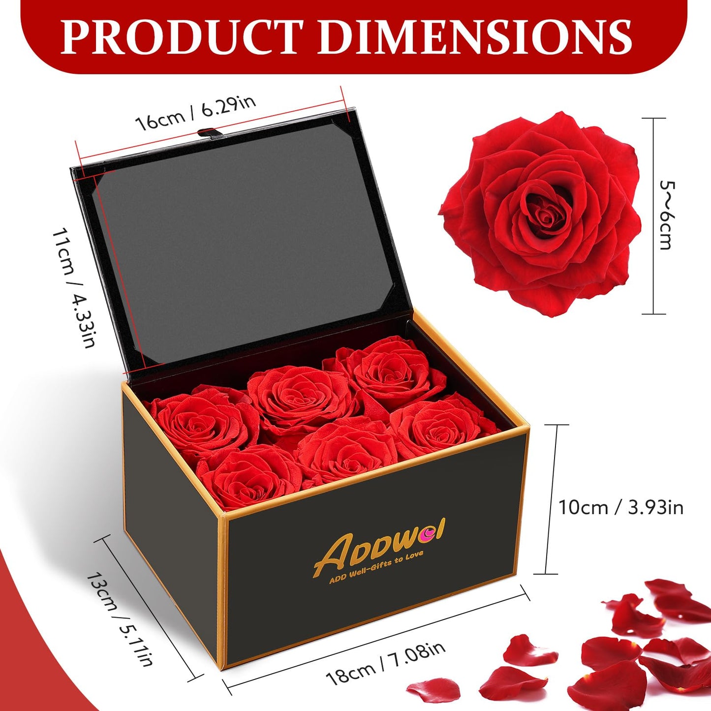 ADDWel Preserved Rose Gift Box with 4x6 Photo Frame, Romantic Flower Gifts for Women, Wife or Girlfriend, 6 Eternal Roses for Delivery on Christmas, Birthday, Anniversary, Valentine’s Day