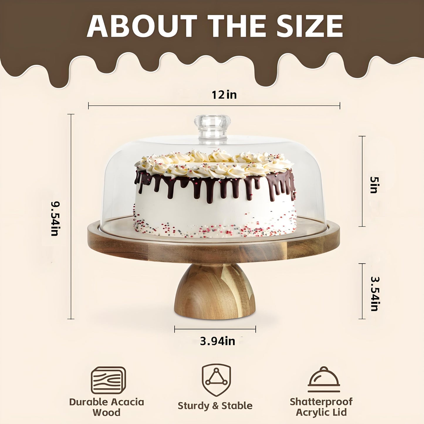 JOCHER Acacia Wood Cake Stand with Lid, 12in Cake Stand with Acrylic Dome (Not Glass), 2-In-1 Cake Display Stand for Charcuterie Board, Chips & Dips, Fruit Platter, Wedding, Birthday, Parties