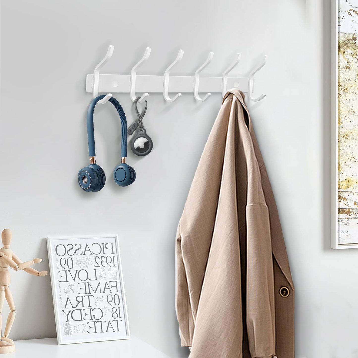 HAMUTH White Wall Hooks Heavy Duty, 23 Inch Coat Hooks Wall Mount with 8 Hooks, Wall Hooks Hangers for Entryway, Bathroom - for Hanging Backpack, Bag, Coat, Purse, Hat, Towel, Clothes