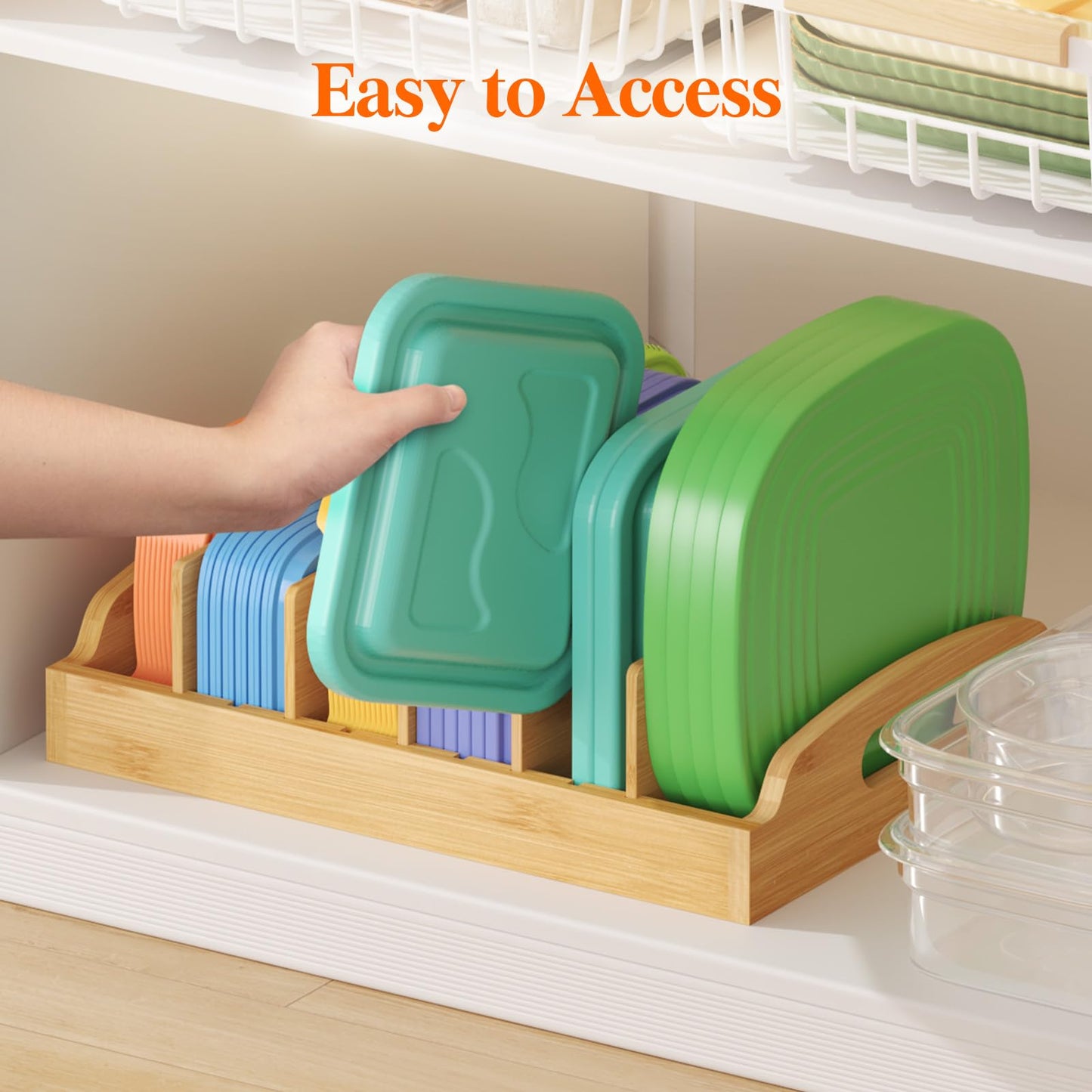 Lifewit Bamboo Lid Organizers for Inside Cabinet, Food Storage Container Lid Holder with 5 adjustable Inserts & 6 Sections, Kitchen Pantry organizer and storage, Large, 13.2" x 10"/34 x 25cm