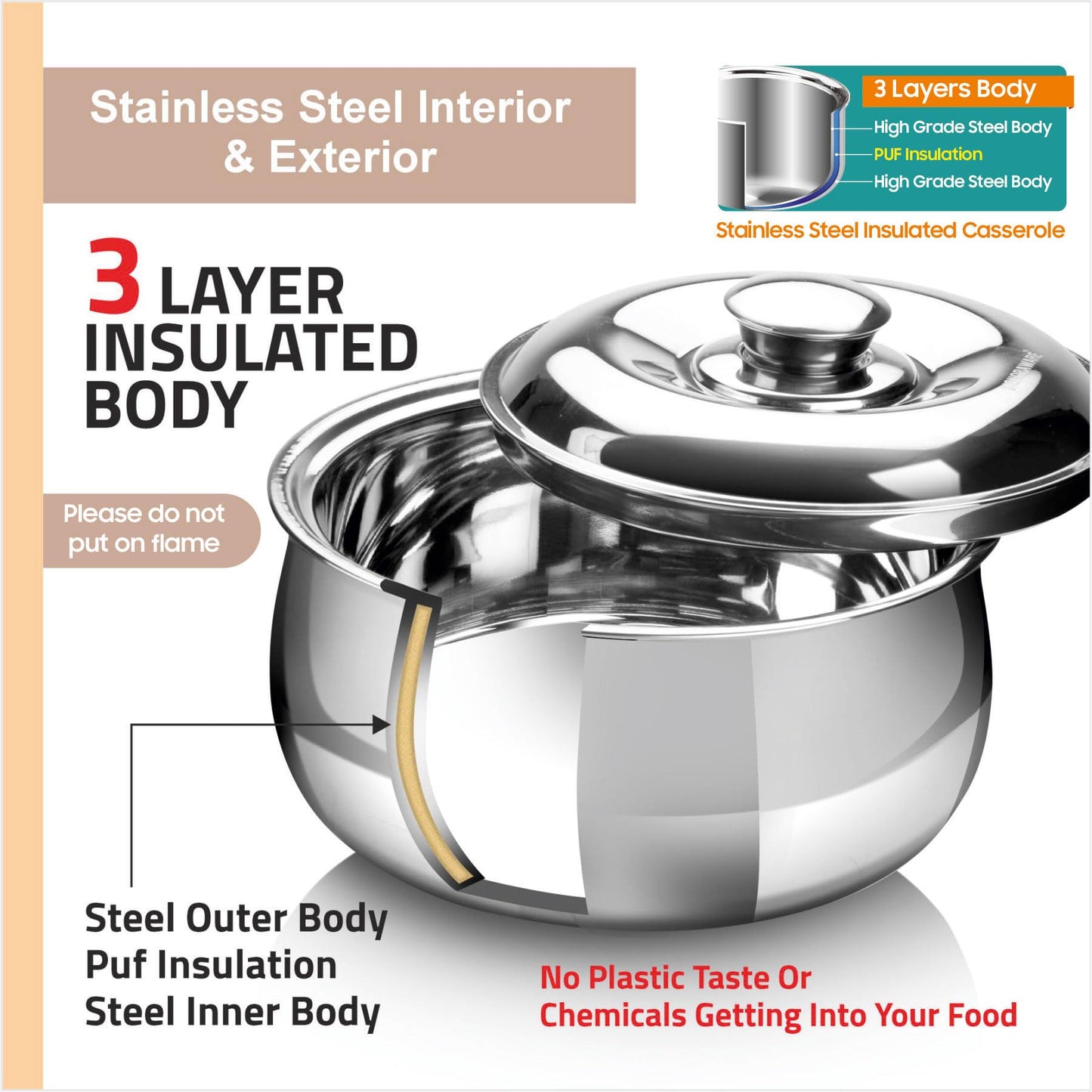 SIGNORA WARE Large Insulated Casserole Dish with Lid Set of 3. Stainless steel Hot Pot Food Warmer/Cooler -Thermal Soup/Salad Serving Bowl Stainless Steel Hot Food Container–Best Gift Set for Moms