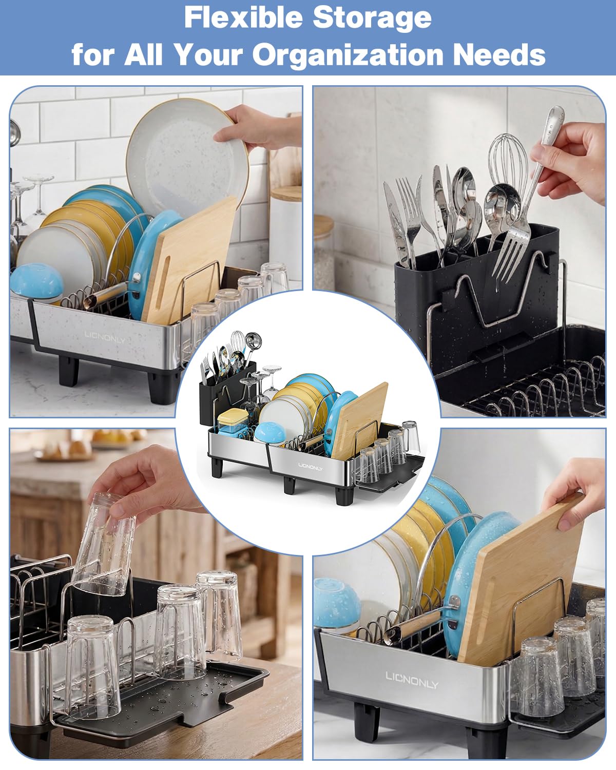 Dish Drying Rack, 304 Stainless Steel Exendable Dish Rack with Adjustable Drain Spout, Large Capacity Dish Drainer with Utensil Holder, Cup Holder and Cutting Board Rack for Kitchen Counter, Black