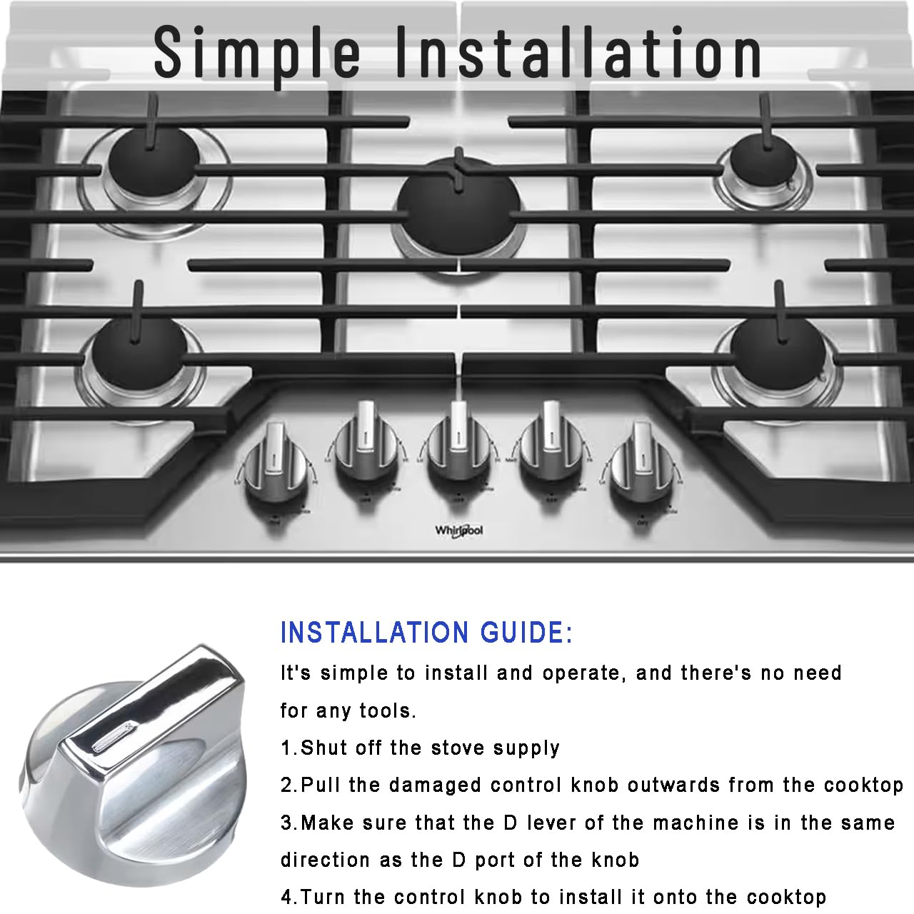 Upgraded W11366438 Stove Knobs Replacements for Whirlpool Gas Ranges WCG55US0HS00, WCG55US6HS00, WCG77US0HS00, Oven Cooktop Control Burner Knobs, Durable & Easy Installation, 5 Pack (Not Univeral)