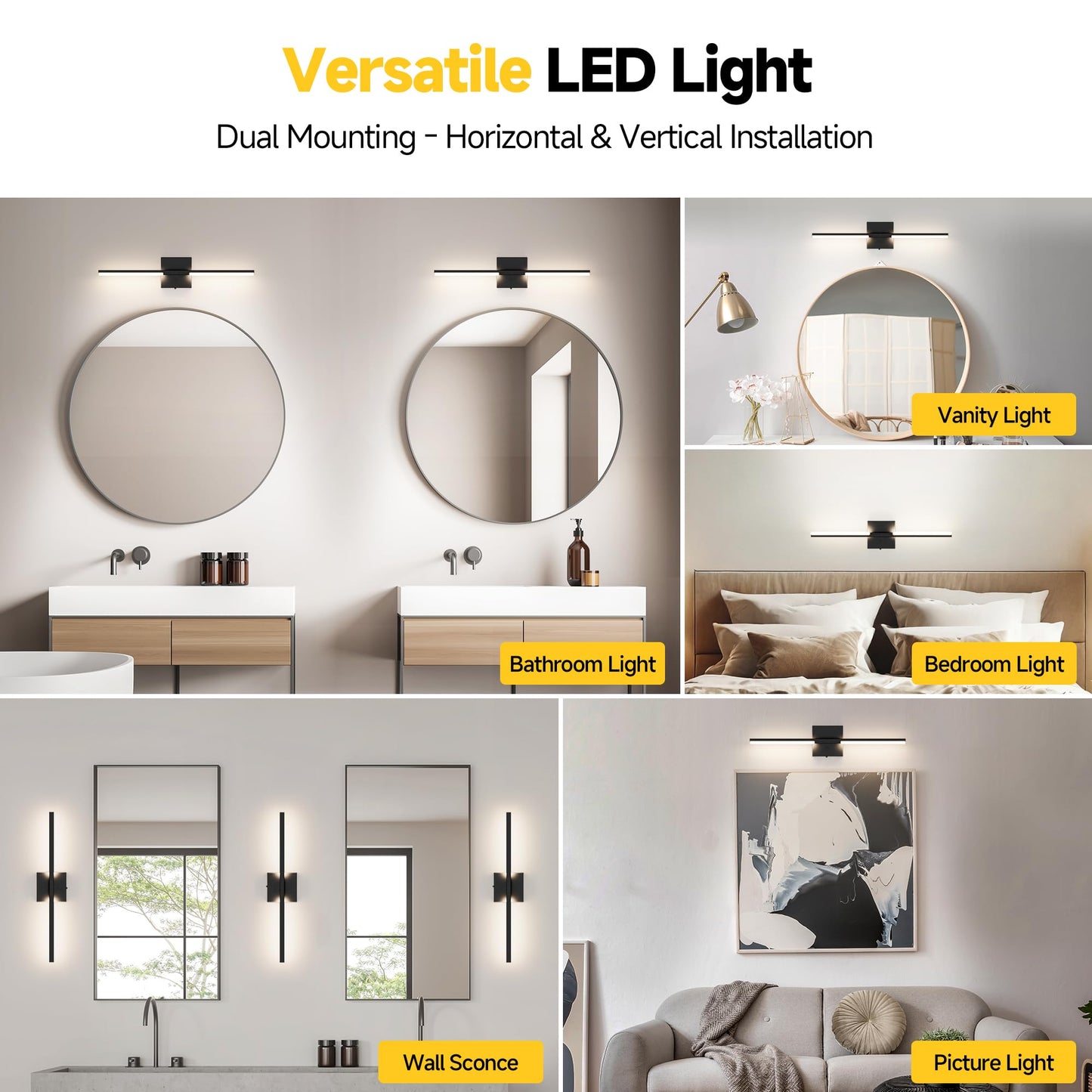 Veriligt Vanity Lights 24 inch, 4-Level Brightness Built-in Dimmer, 14W Dimmable 5CCT Bathroom Light Fixtures Over Mirror, Black Vanity Lights for Bathroom Mirror Cabinets Bedroom-FCC & ETL Certified
