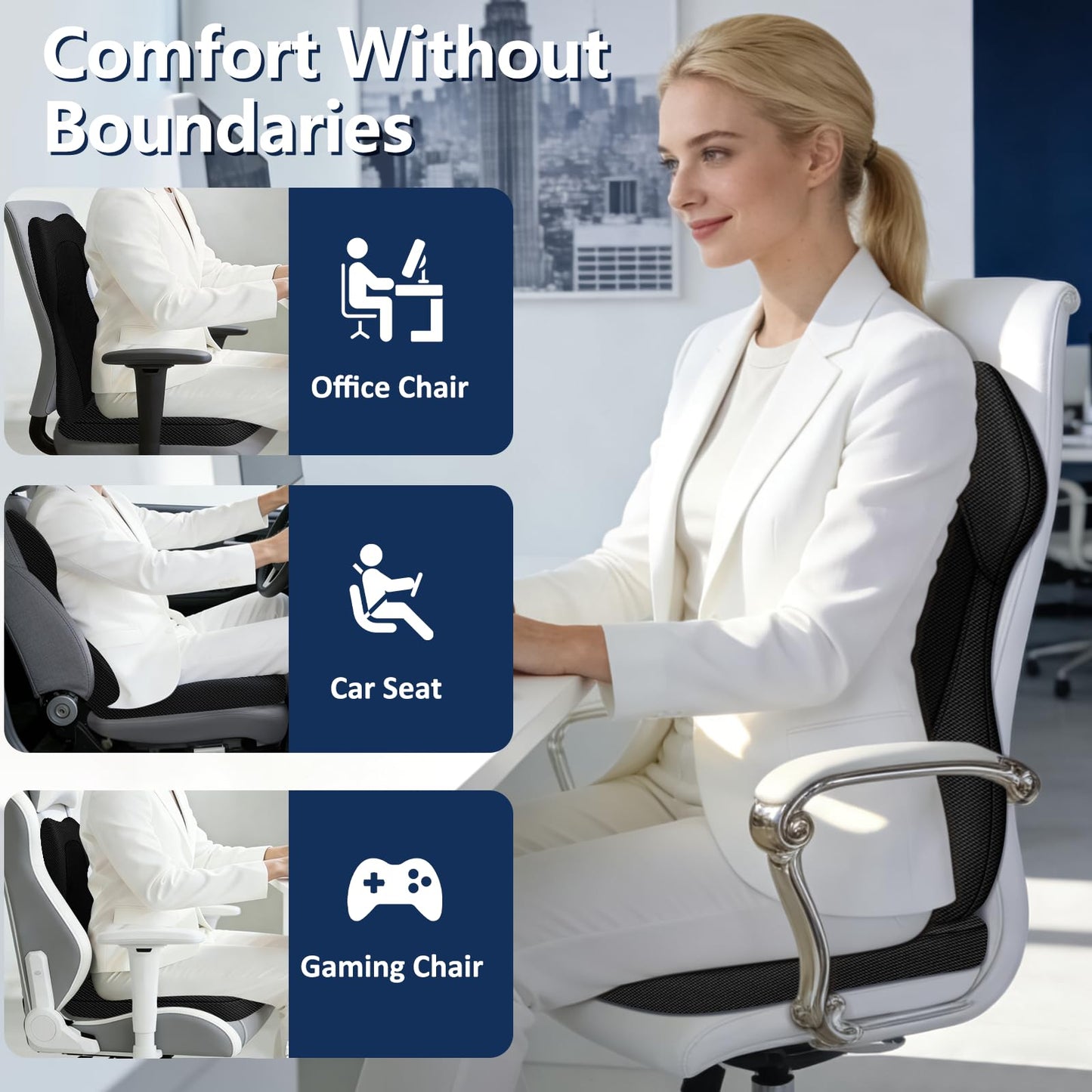 JIPORIER Seat Cushion,Lumbar Support Pillow for Office Chair,Ergonomic Memory Foam Back Support Pillow, High Density Foam Chair Cushion for Sciatica Pain Relief Coccyx Pad for Chair,Car,Desk,Black