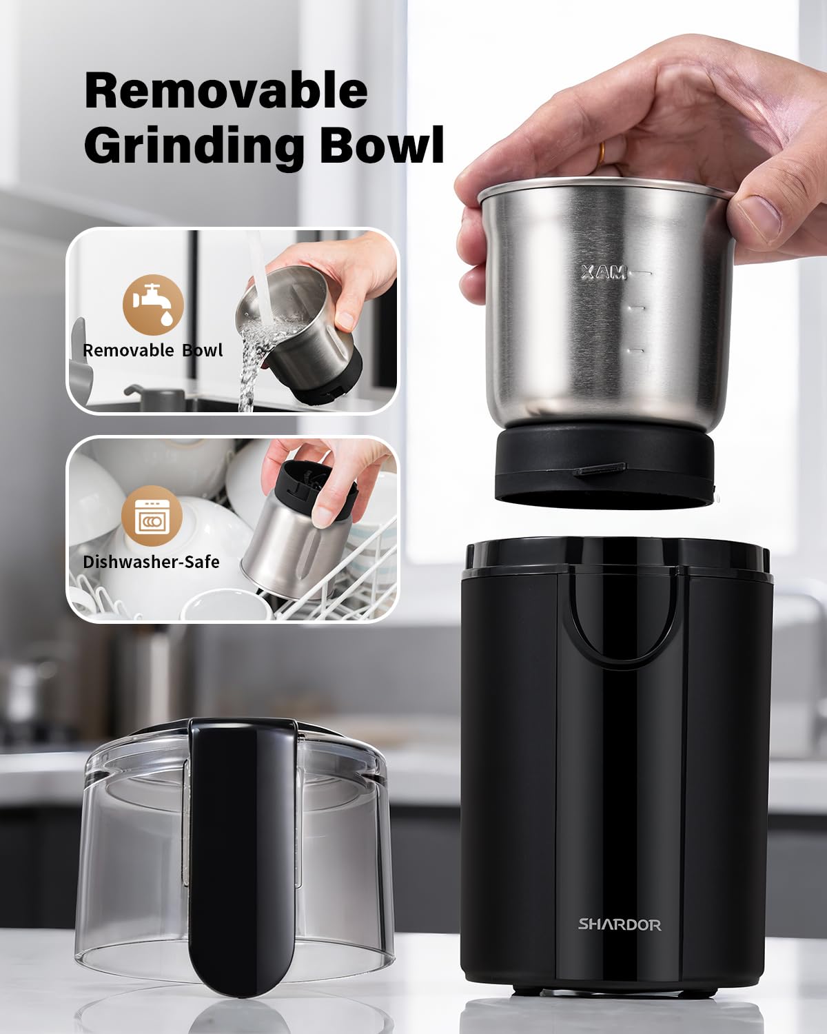 SHARDOR Coffee Grinder Electric, Spice, Herb, Grinder for Coffee Bean Spices and Seeds with 2 Removable Stainless Steel Bowls, Black