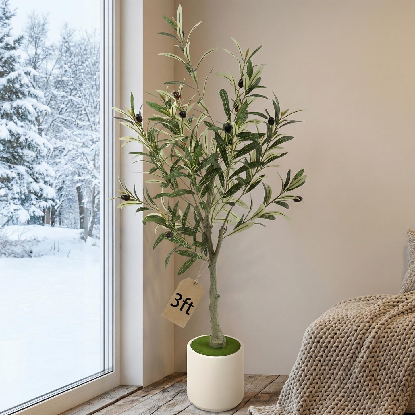 Huhemy 3FT Spherical Fake Olive Tree Artificial Indoor,Faux Olive Tree with Pot,Large Olive Branches and Lifelike Fruits,for Home Office House Living Room Decor.