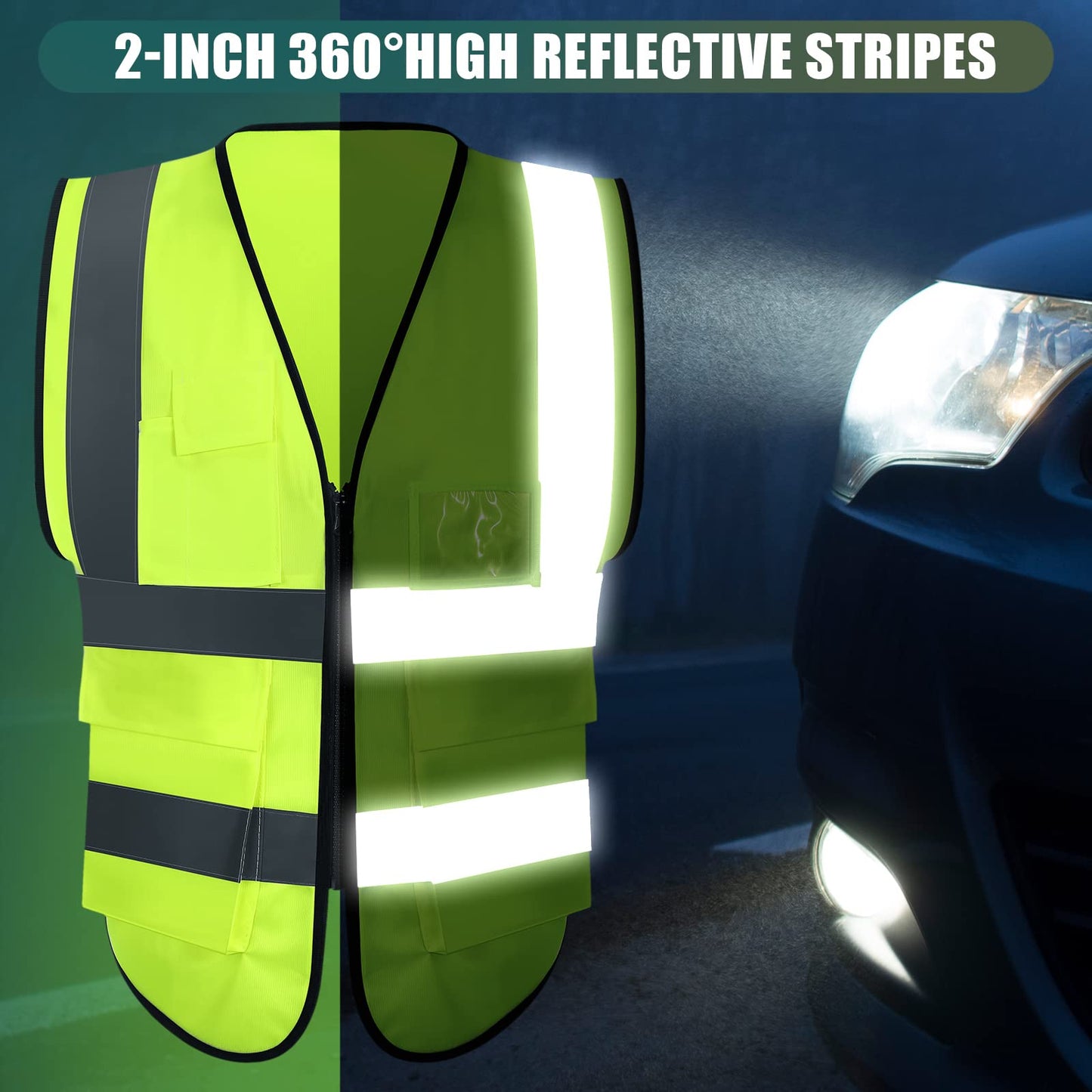 10 Pcs Reflective Safety Vest with Pockets and Zipper High Visibility Vest for Women Men Work, Construction, Cycling(L)