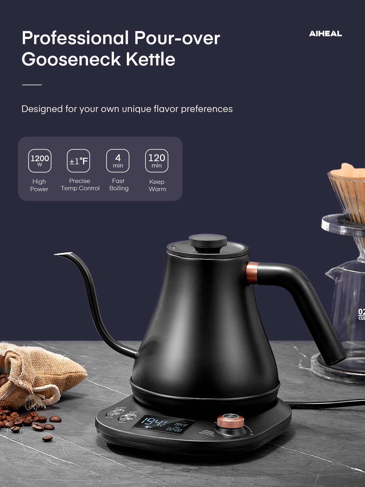 Electric Gooseneck Kettle Temperature Control, Pour Over Electric Kettle for Coffee and Tea, 100% Stainless Steel Inner, 1200W Rapid Heating, 0.8L, Built-in Stopwatch, Matte Black
