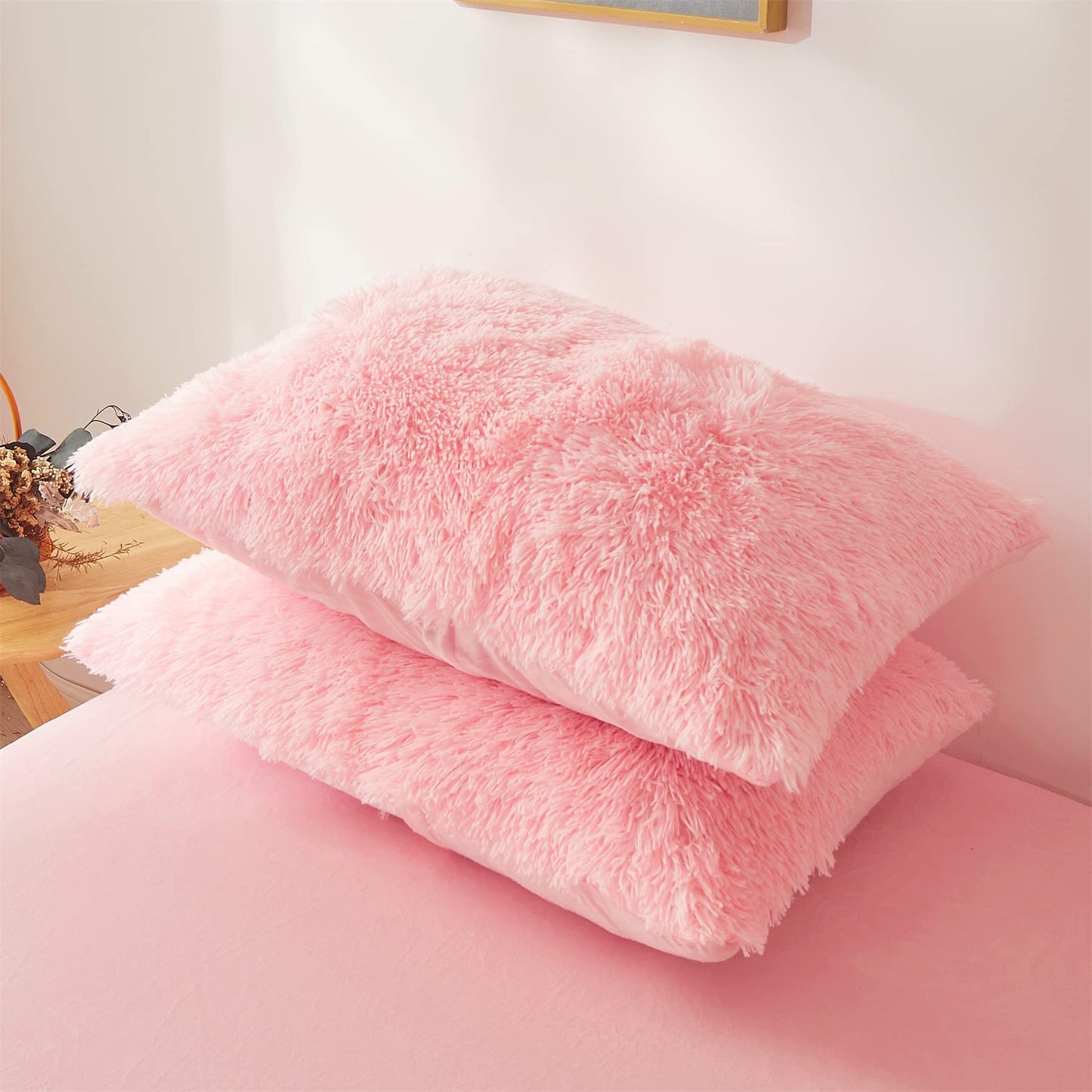 FOPPA Fluffy Faux Fur Pink Comforter Cover Set Queen - Ultra Soft Plush Pink Bedding Sets 3 Pieces (1 Fluffy Duvet Cover + 2 Faux Fur Pillow case) Cute Bed Set (Light Pink, Queen)