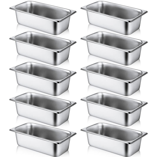 10 Pack Hotel Pans Stainless Steel Steam Table Pan 1/3 Size, 0.8 mm Thick Anti Jam Warming Pans for Food Warmer Restaurant Catering Supplies, 12.8 x 6.9 Inch(4 Inch Deep,Standard)