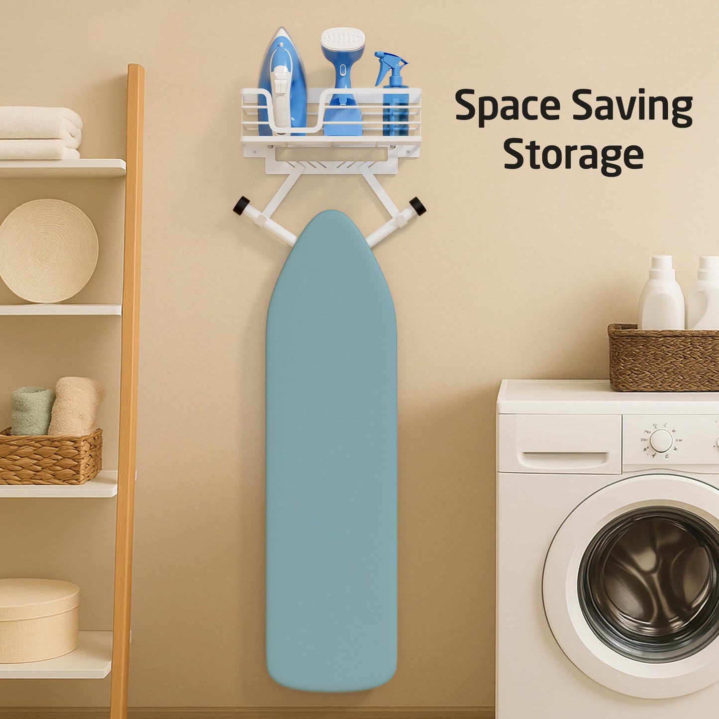 KES 90lb Heavy-Load Ironing Board Hanger Wall Mount, One-Piece Metal Frame Ironing Board Holder with T&V Shaped Hooks, Extra Large Storage Basket, No Breaking Sturdy Screws Included, White, HIR502-WH