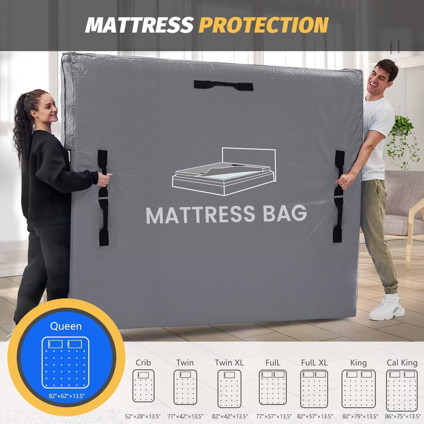 Mattress Bags for Moving and Storage, BETU Queen Mattress Protector Waterproof Mattress Cover with 8 Heavy Duty Handles and Zipper Extra Thick Moving Supplies for Bed Reusable (82x62x13.5 Grey)