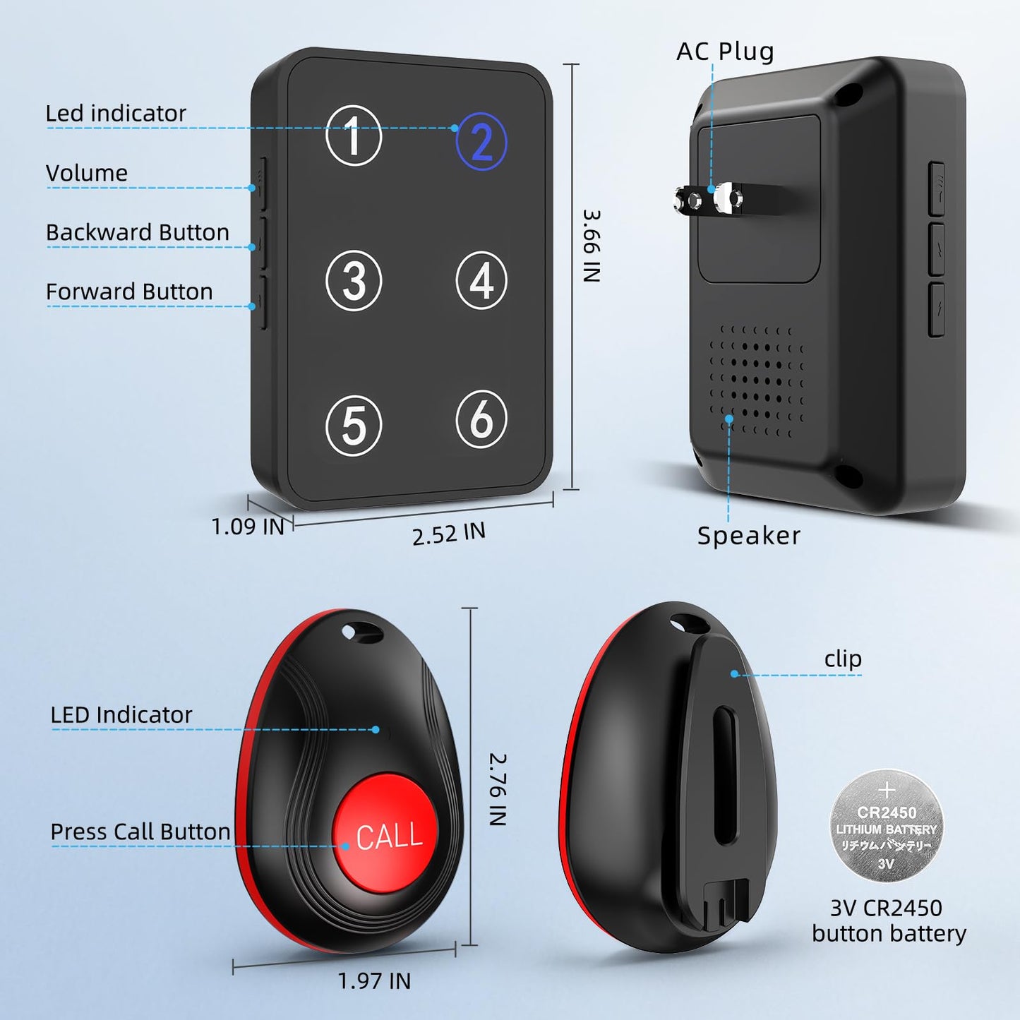 CallToU Wireless Call Button Caregiver Pager Nurse Call System for Elderly /Patients at Home /Hospital with Voice Announcements and LED Number Display (6 Waterproof Call Button & 1 Receiver)