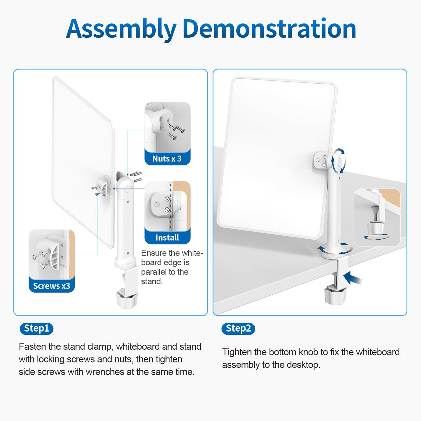 Double-Sided Desk Whiteboard with Dual 360 Swivel - 16" x 12" Clamp-On Desktop Whiteboard for Tables Under 2.3" Thick for Office, Home, School (2pc)