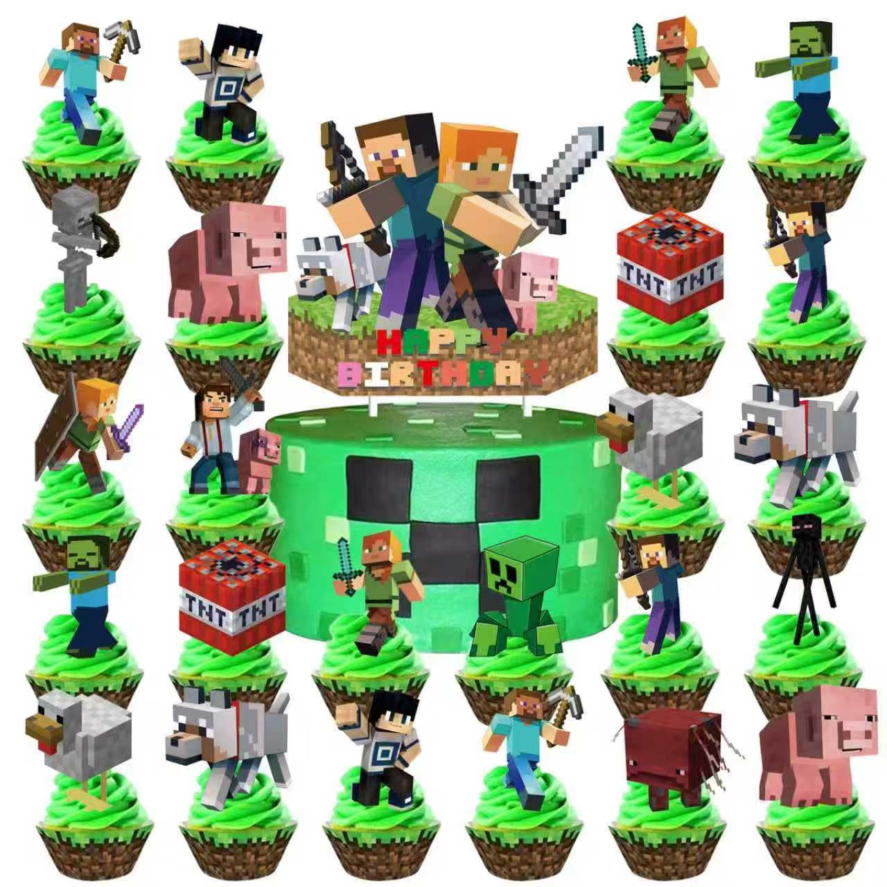 For Pixel Party Supplies, 55 PCS Birthday Decorations Set Include Banner, Balloons,, Hanging Swirls, Cake Cupcake Toppers, Tablecloth for Boys Girls Pixel Theme Party