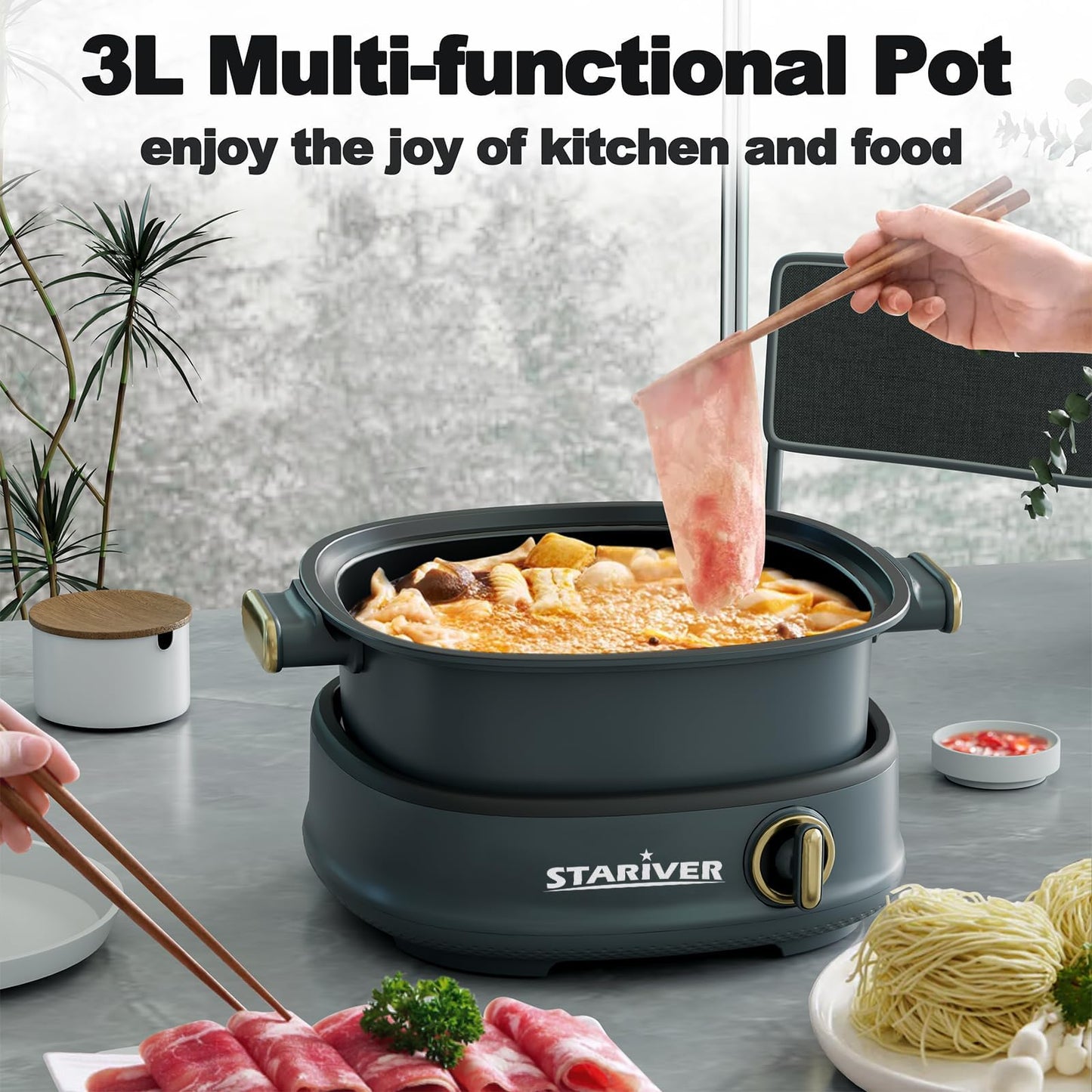 Stariver 3L Non-Stick Hot Pot Electric with Dual-Power Control,Electric Shabu Shabu Pot with Removable Pot, Electric Pot with Tempered Glass Lid for Party, Family Gathering(Silver)