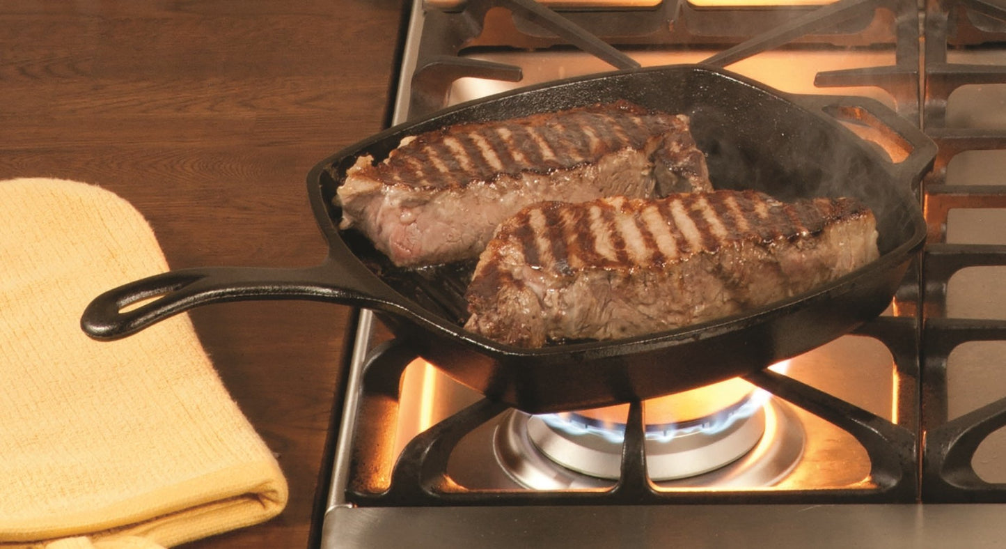 Lodge Square Cast Iron Grill Pan 10.5 Inches - Pre-Seasoned Square Skillet - Ridged Burger Grill Pan - Even Heat Distribution - PFAS-Free Non-Toxic Cookware