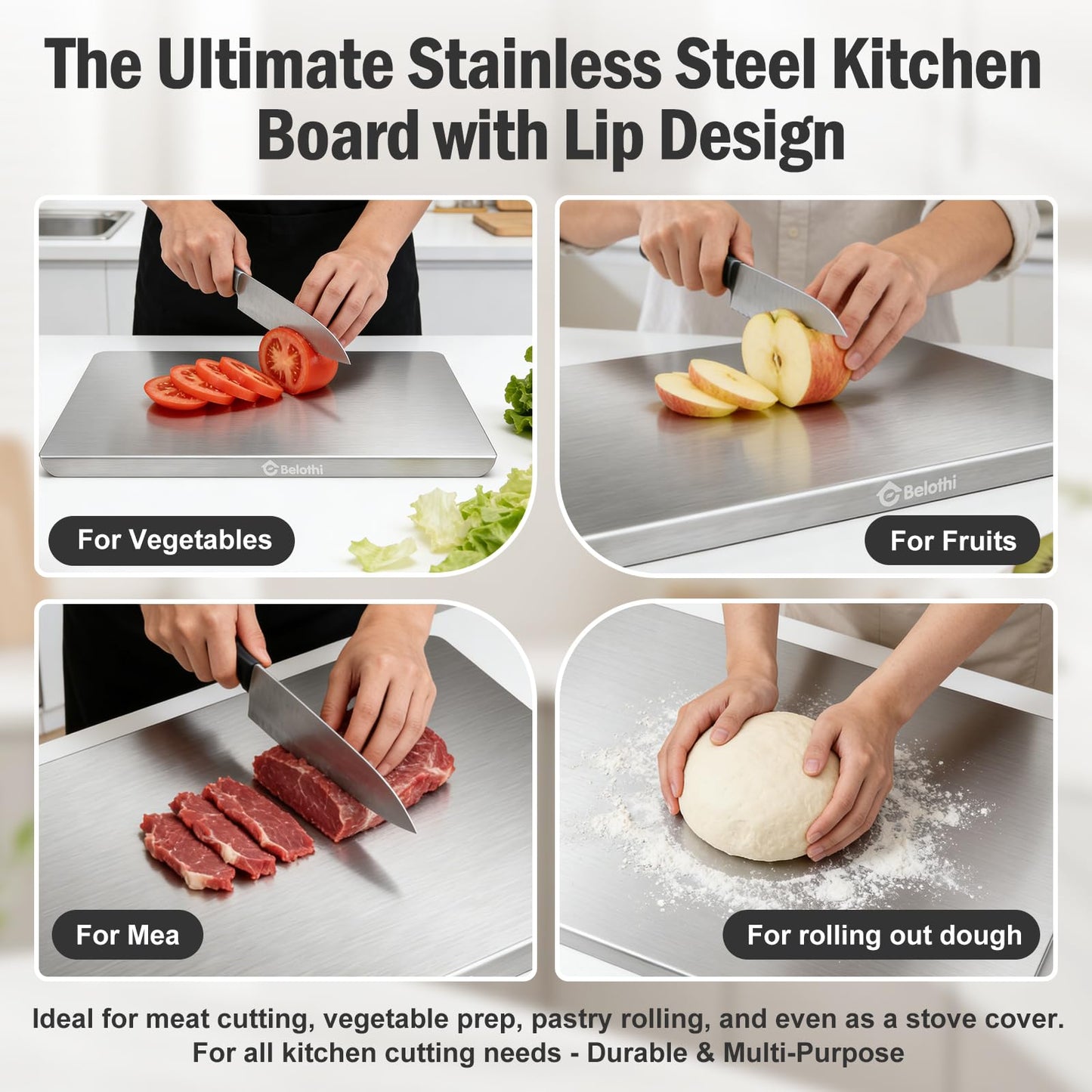 Stainless Steel Cutting Board with Lip, Large Metal Chopping Board with Counter Edge, Dishwasher Safe Non-Slip Pastry Board for Meat Vegetables & Baking(18x14)