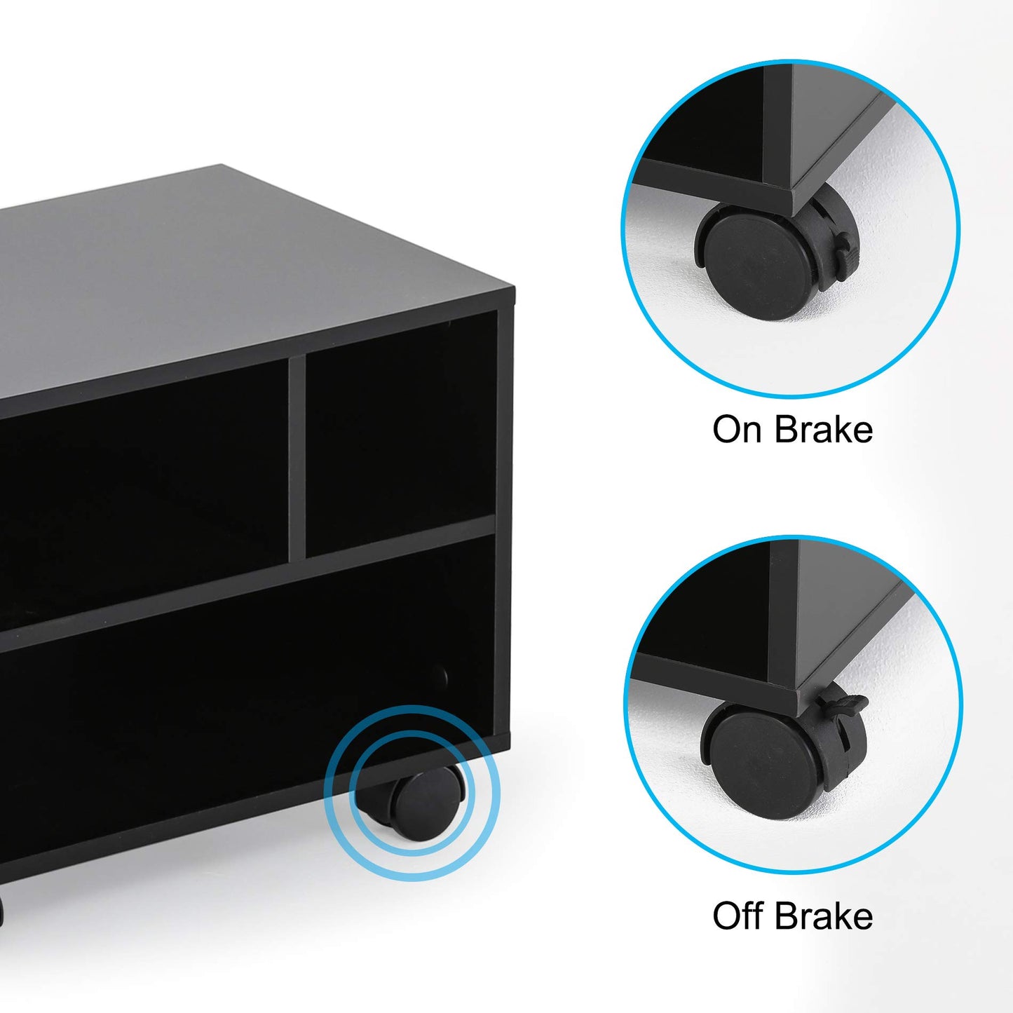 FITUEYES Mobile Printer Stand with Storage, Under Desk Black Wood Small Rolling Printer Table Work Cart with Wheels and 3 Compartment Organizer Spaces for Home Office, 15.7 x 11.8 x 13.8