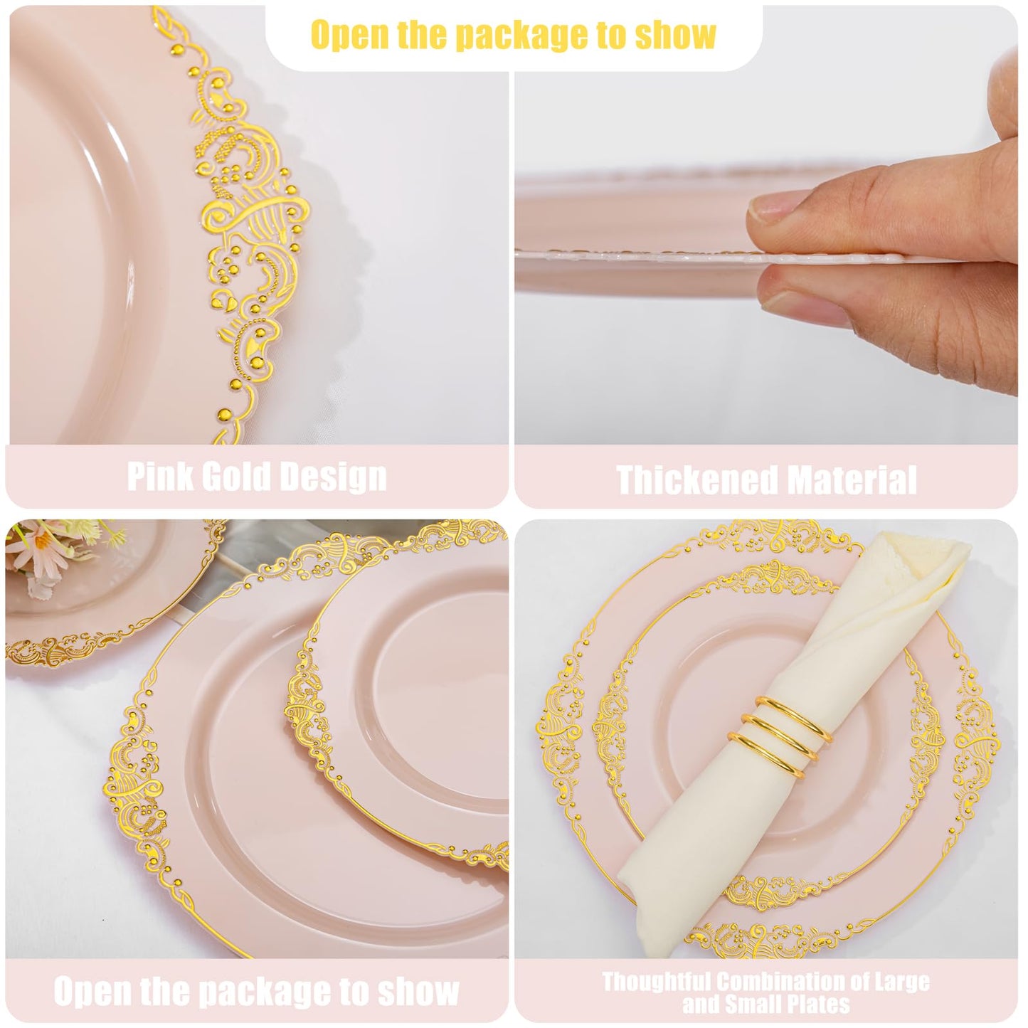 Joyido 200PCS Pink and Gold Plates - Pink Plastic Plate - Fancy Disposable Plates with Gold Rim - Vintage Wedding Dinner & Dessert Plate for 100 Guests for Wedding & Bridal Shower