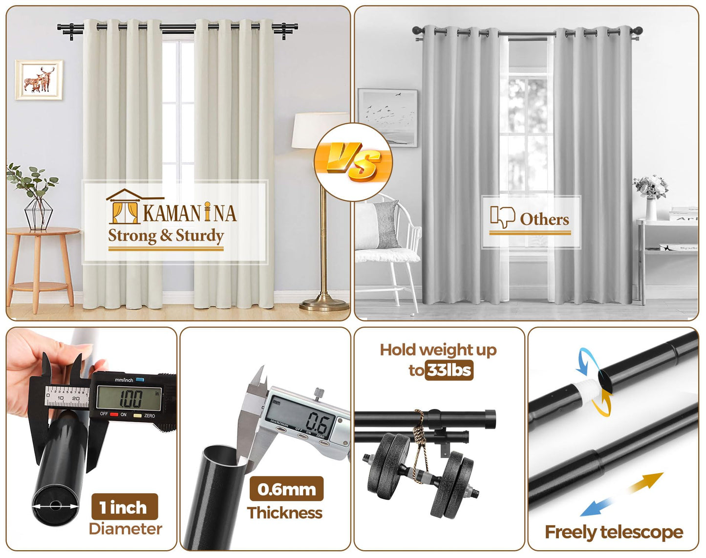 KAMANINA Double Curtain Rod for Windows 140 to 195 Inches (12-16 Feet), 1 Inch Heavy Duty Black Curtain Pole, Adjustable Double Rods with End Caps