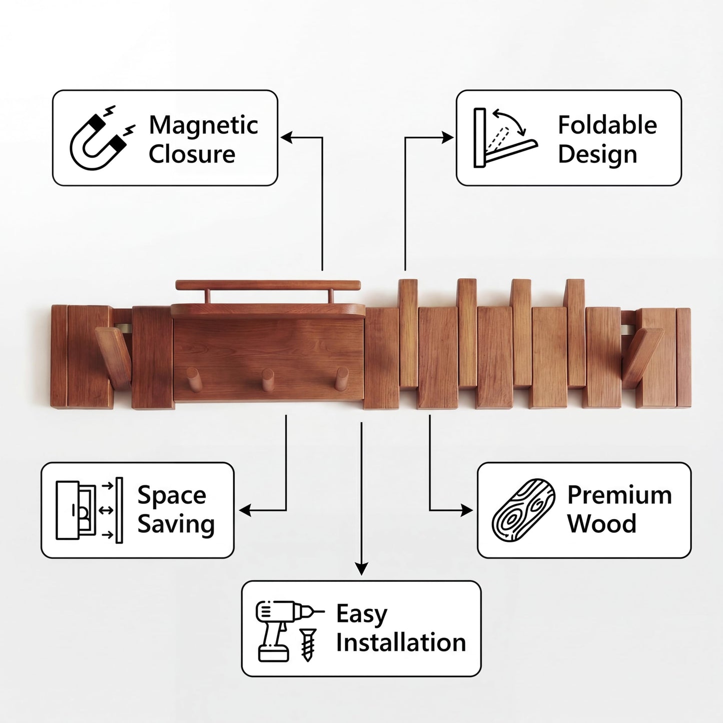 EasTeebw Mid Century Modern Walnut Foldable Entryway Wall Coat Hanger Hook with Shelf,Heavy Duty Wooden Piano Hidden Towel Hooks for Bathroom,Wall Rack for Purse&Key&Mail,Home Decor (Walnut, 9 Hooks)