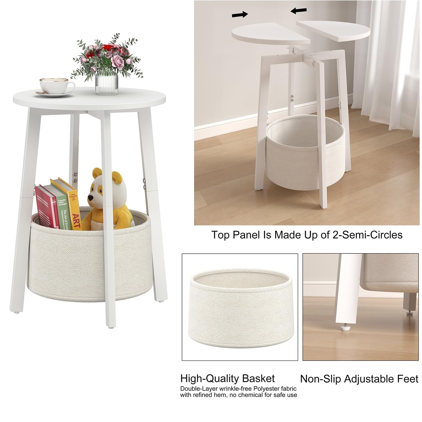 sthmec Small Round Side End Table with Cloth Storage Basket, Round Bedside Sofa Couch Coffee Tables for Small Places with Metal Frame, Modern Nighstands for Living Room Bedroom,White