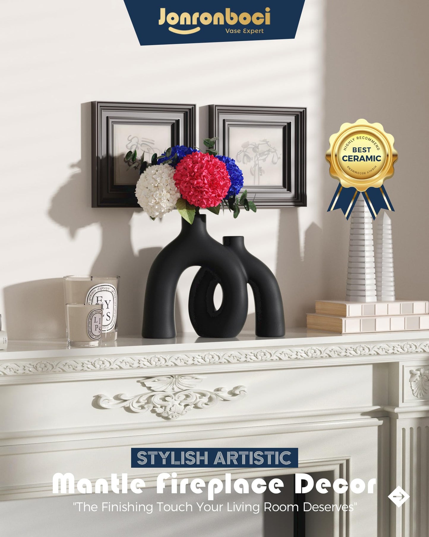 Matte Black Vase Set - Hug Hollow Donut Aesthetic Ceramic Vases Home Decor, Modern Nordic Minimalist Decorative Vase for Table Centerpiece Bookshelf Office Entryway Console Fireplace (Black)