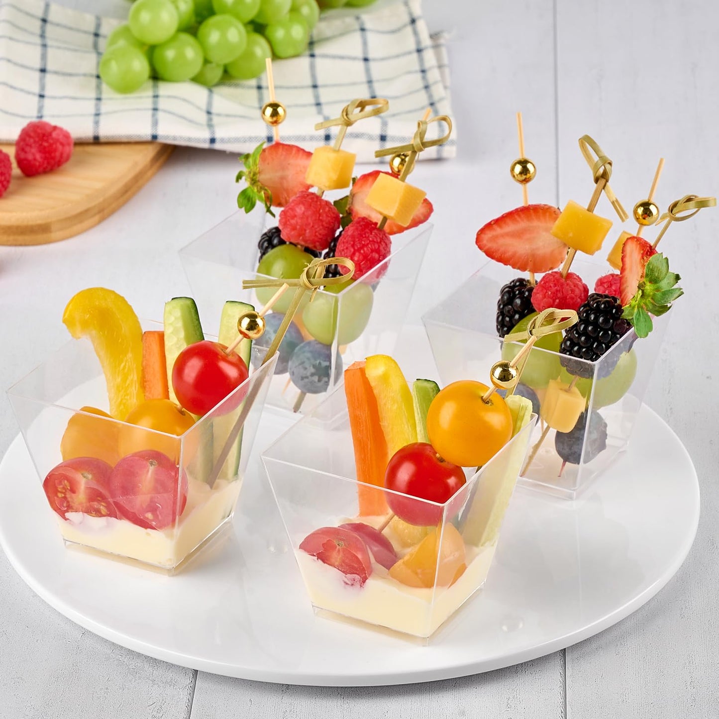 Zezzxu 50 Sets 7 oz Plastic Charcuterie Cups with 200 Sticks, Square Appetizer Cup with Cocktail Picks Mini Party Serving Cups for Fruit, Snack, Dessert