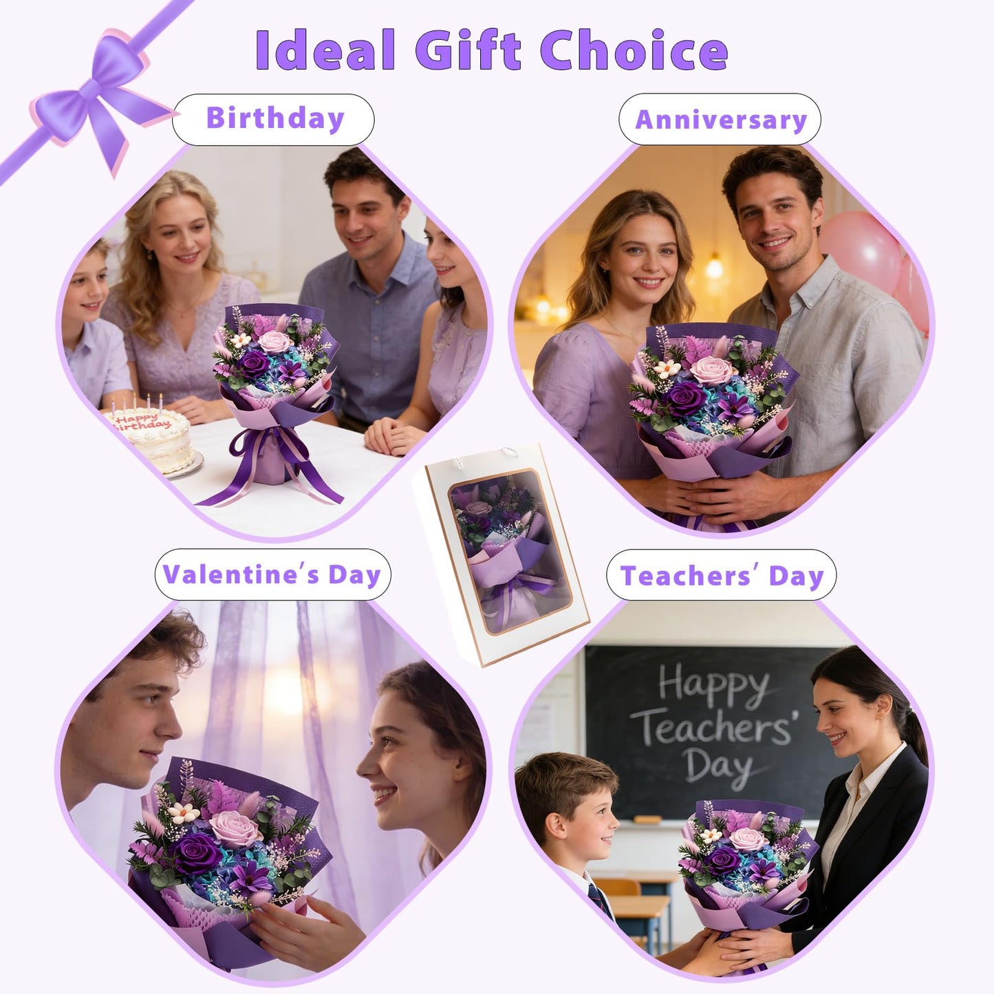 iLovDesign Preserved Flowers Bouquet, Long Lasting Floral Arrangement with Gift Box, Ideal for Mom, Wife, Women & Friends (Deep Purple)