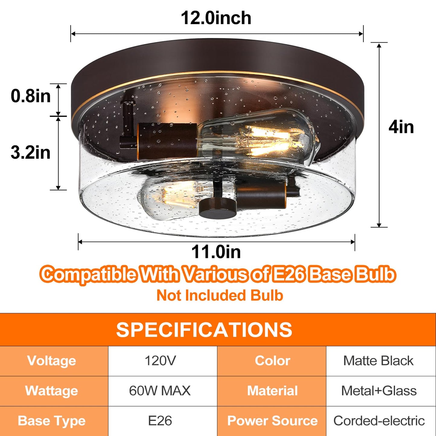 Flush Mount Ceiling Light Fixtures, 2-Light Oil Rubbed Bronze Ceiling Mount for Farmhouse with Seeded Glass Lampshade, Industrial Flush Mount Light Fixture for Hallway, Kitchen, Entryway and Foyer