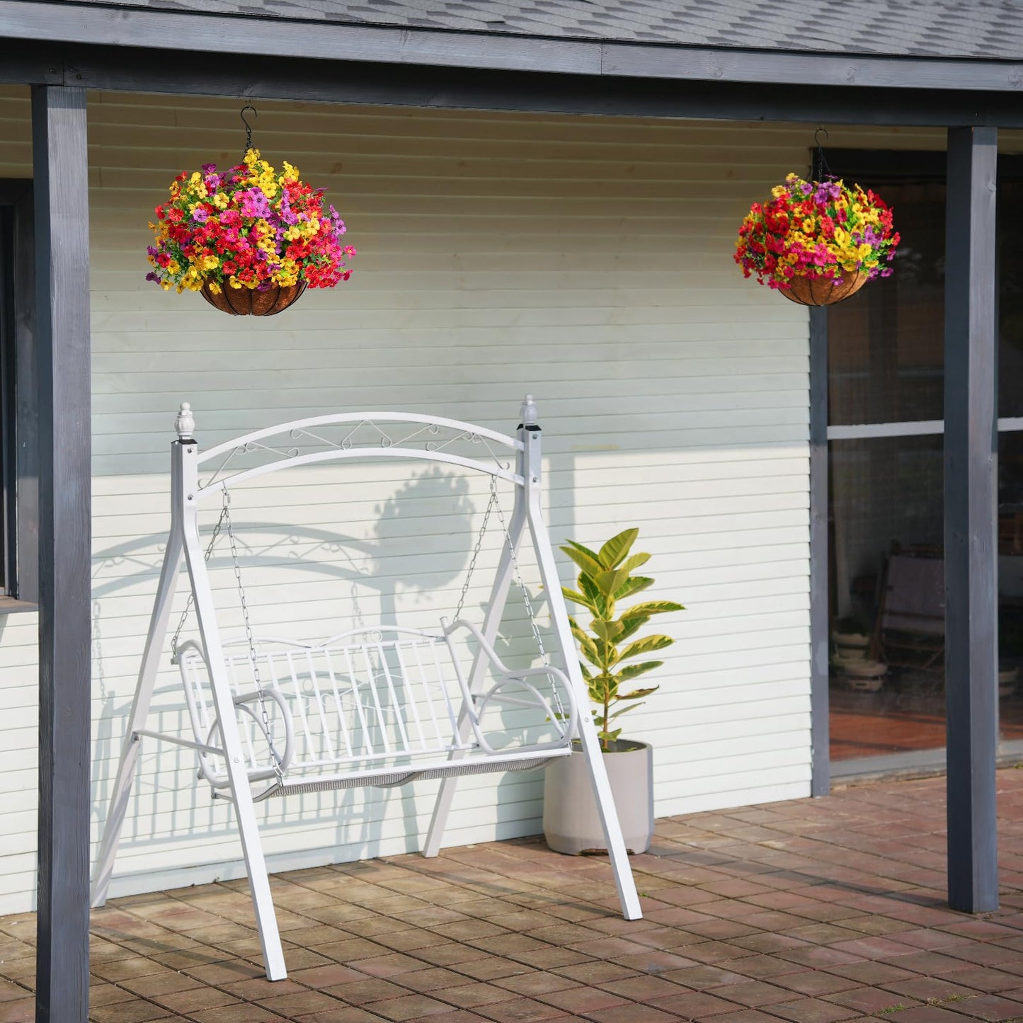 Stymedeca 2 Set Artificial Flowers Faux Hanging Plants Basket for Spring Summer Outdoor Outside Decoration, Fake Silk UV Sun Resistant Daisy Eucalyptus for Porch Home Patio Balcony Yard Decor