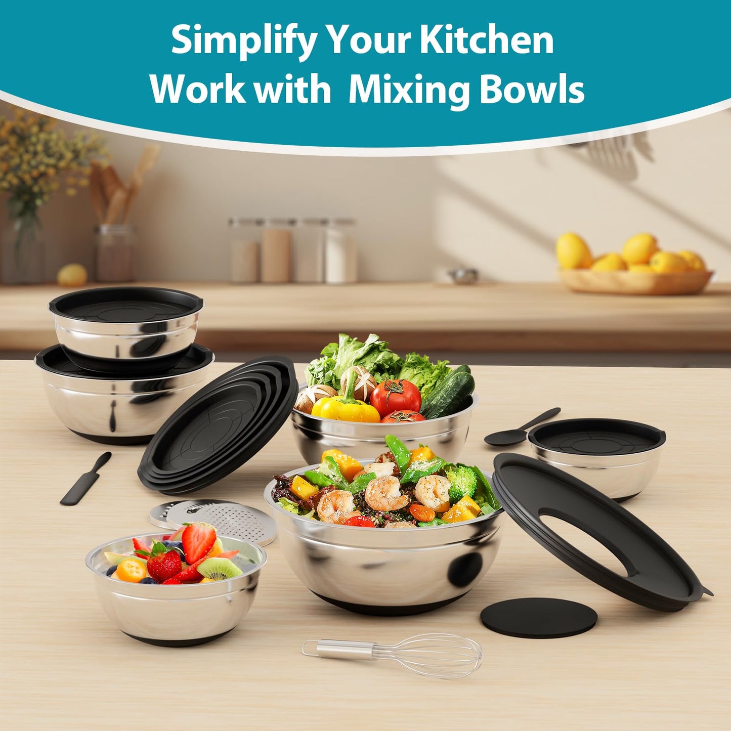 20-Piece Mixing Bowls Set with Airtight Lids – 6 Stainless Steel Kitchen Bowls (4.5QT, 4QT, 3.5QT, 2.1QT, 1.5QT, 1.1QT), 3 Grater Attachments, Non-Slip Silicone Bottoms, Perfect for Baking & Serving