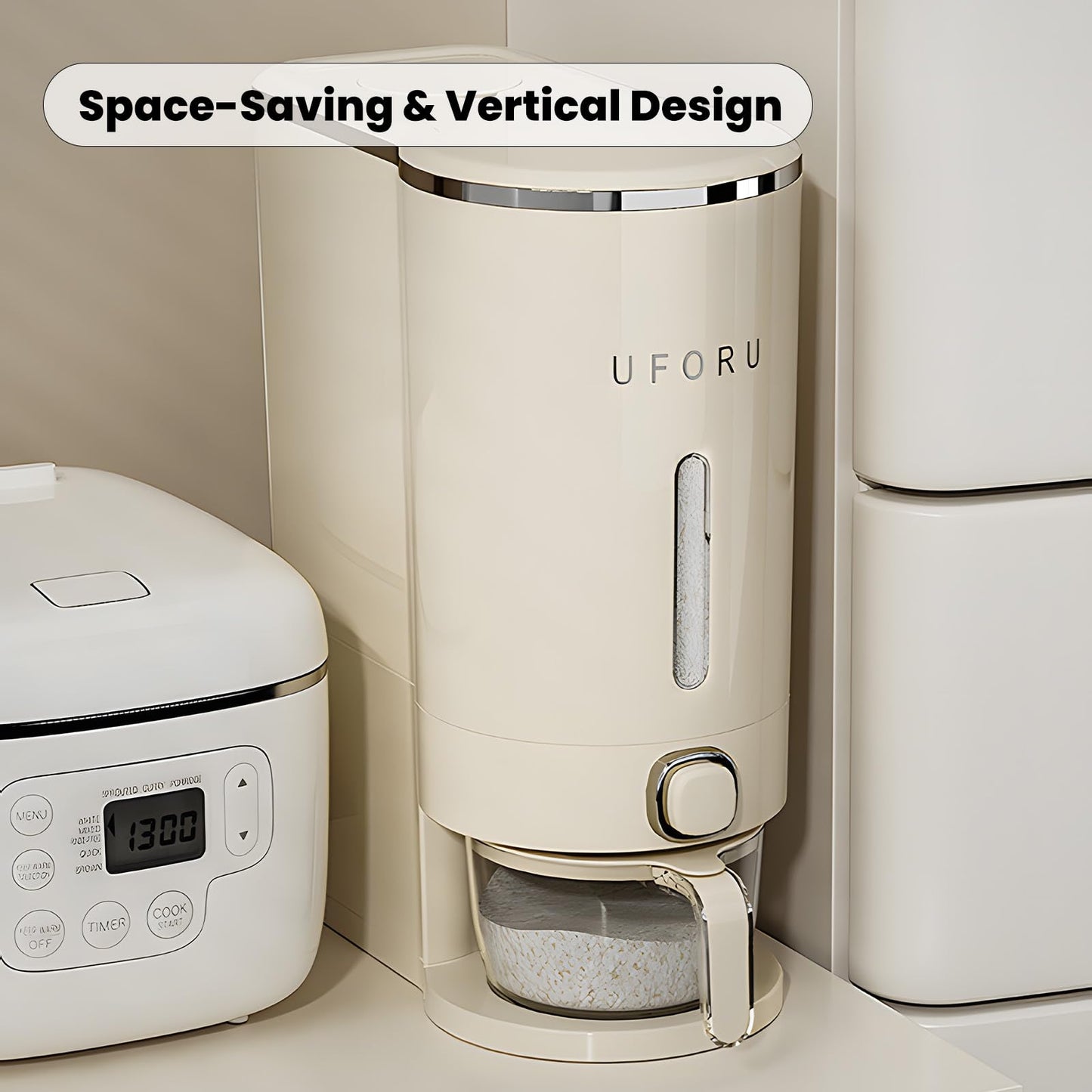 UFORU Rice Dispenser, Rice Storage Container with Measuring Cup for Kitchen Pantry Household, Dry Food Storage Containers Airtight, Sealed Moisture Proof, Cream White 11 Lbs
