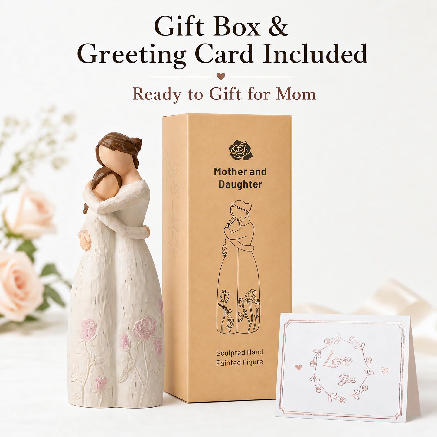 Yuideary Mother and Daughter Hug Resin Figurine – Mom Birthday Gifts from Daughter, Gifts for mom – Handcrafted Blush Rose Relief Keepsake Home Decor