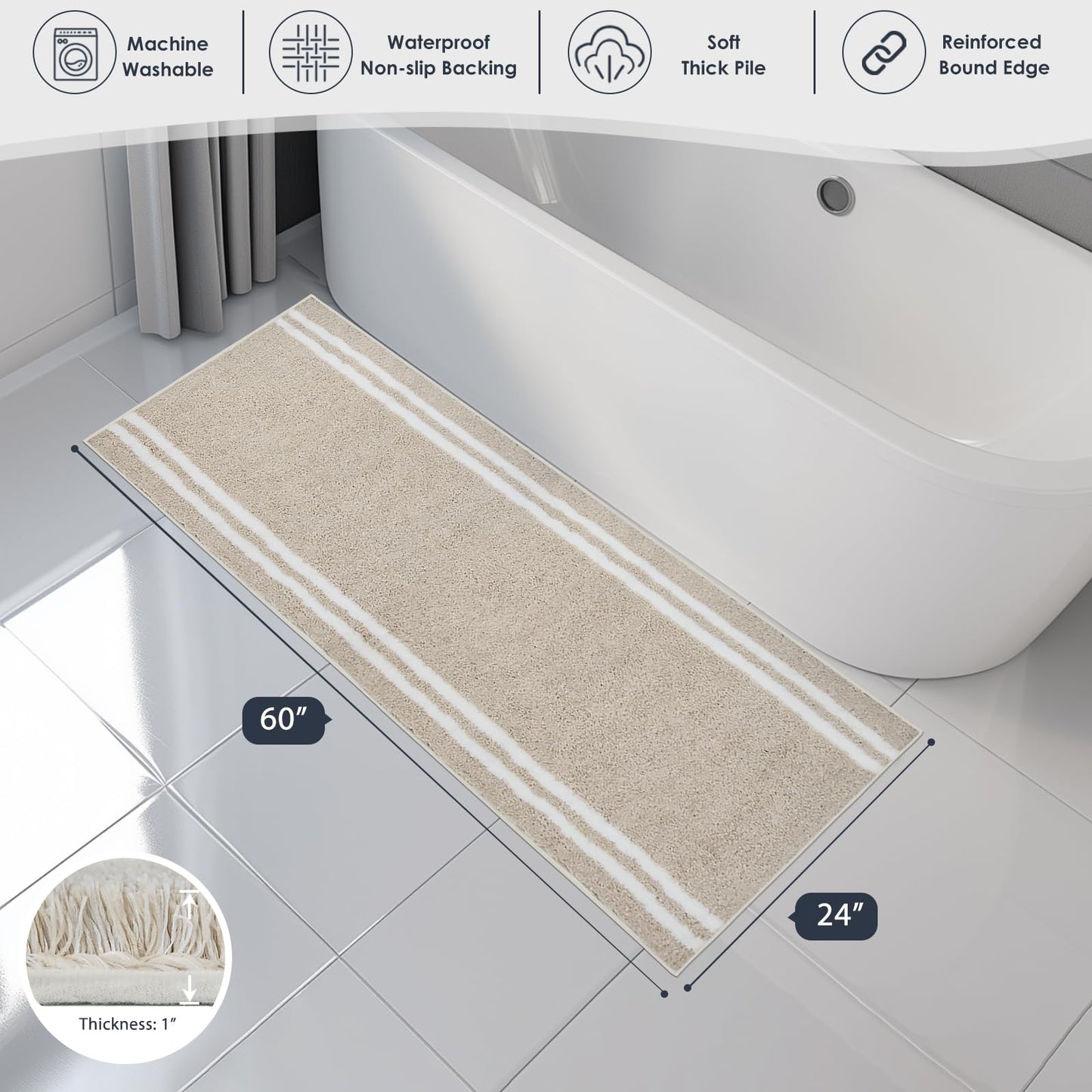PURRUGS Bathroom Rug Non-Slip Machine Washable 24" x 60", Super Absorbent and Quick Dry Shaggy Microfiber Bath Mat, Extra Soft and Plush Bath Rug for Bathtub, Shower, and Sink, Beige