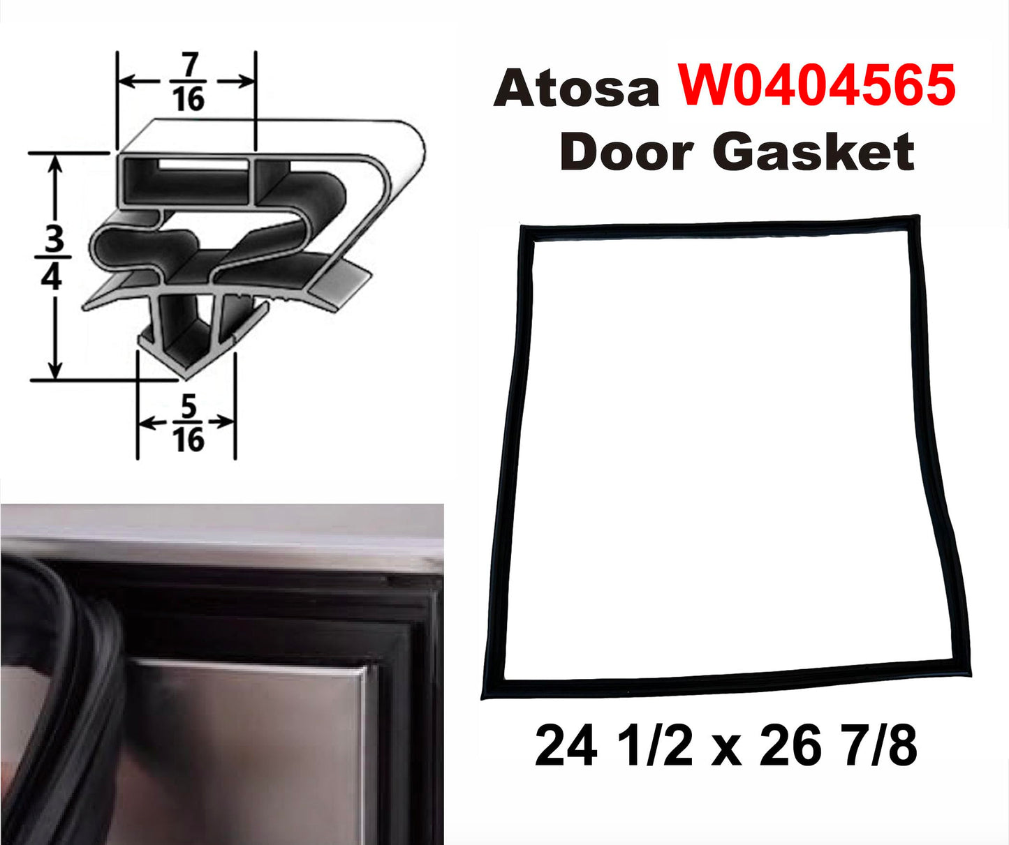 W0404565 Refrigerator Door Gasket Compatible with Atosa MPF8202, MPF8203 Pizza Prep Tables, 24 1/2" x 26 7/8" Magnetic Snap-in Seal
