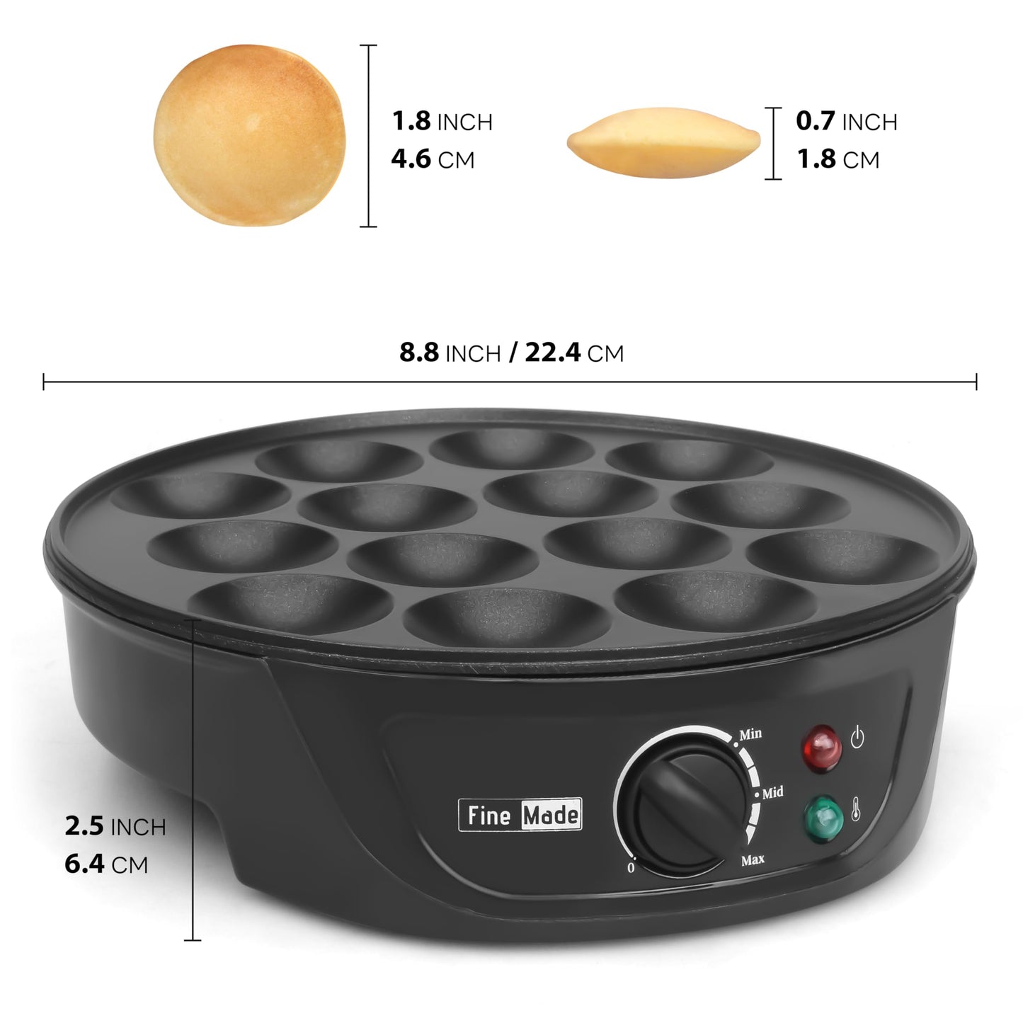 FineMade Non Stick Mini Pancakes Maker Machine, Electric Poffertjes Pan with Browning Control, Small Ebelskiver Aebleskiver Pan, Dutch Mini Pancake Maker, with Brush & Forks, 14 Slots, Black