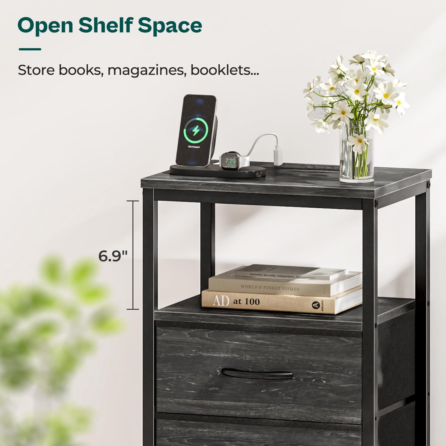 Huuger Nightstand with Charging Station, Fabric Drawers, End Table with Open Shelf, Bedside Table with USB Ports and Outlets, Night Stand for Bedroom, Charcoal Black Wood Grain Print
