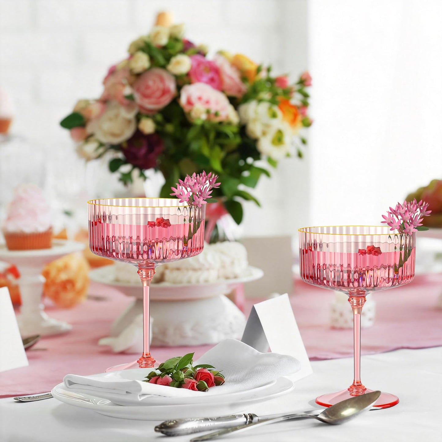 HKSZEH 24 PCS Ribbed Coupe Glasses Pink Plastic Champagne Coupe Cup 10oz Detachable Gold Rim Espresso Martini Glass Vintage Margarita Glassware Cocktail Glass for Wedding Bachelorette Party