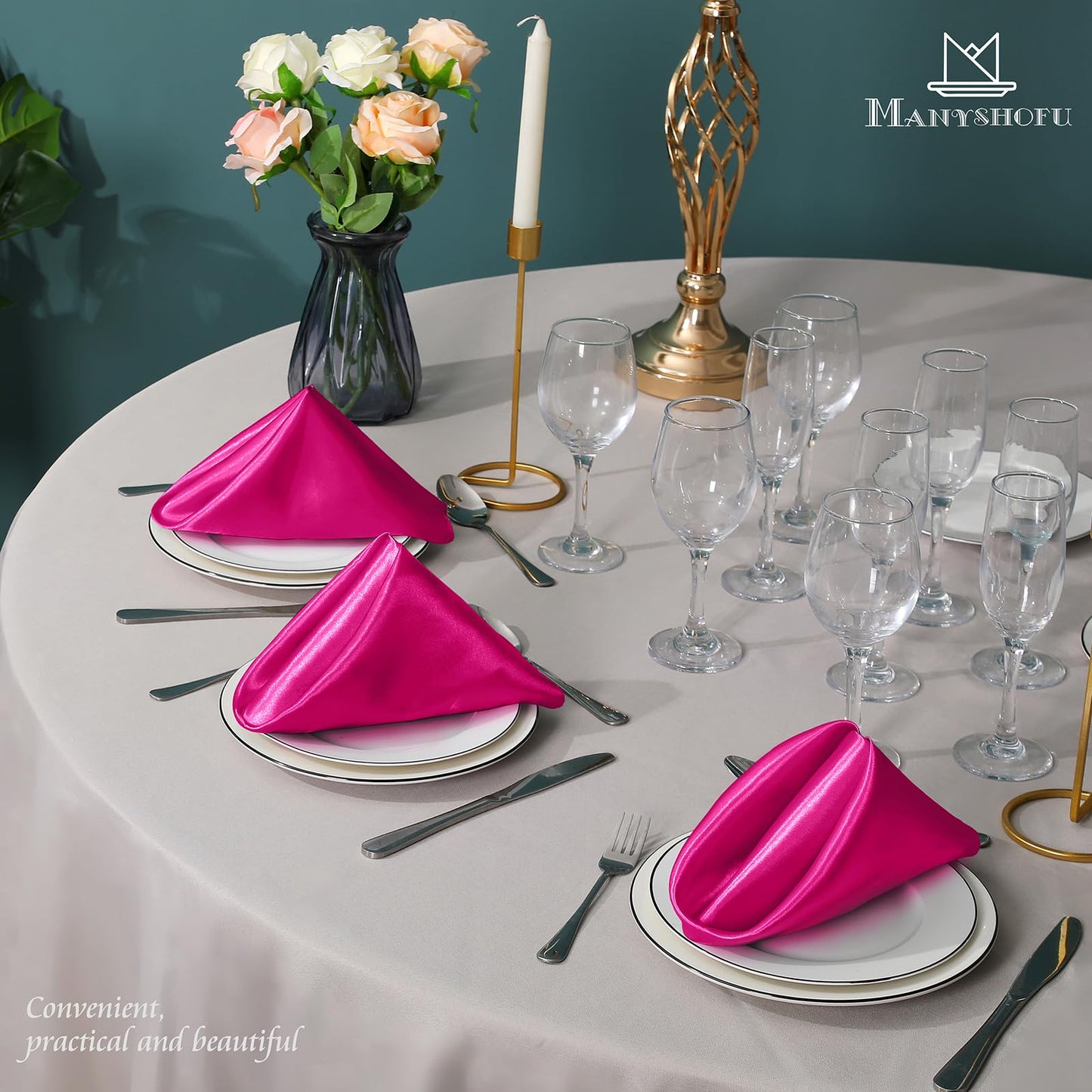 Manyshofu 60 Pieces Hot Pink Satin Napkins - 20x20 Inches Cloth Napkins, Square Satin Fabric Napkins Set - Soft & Reusable Table Napkins for Wedding Dinner Party Lunch