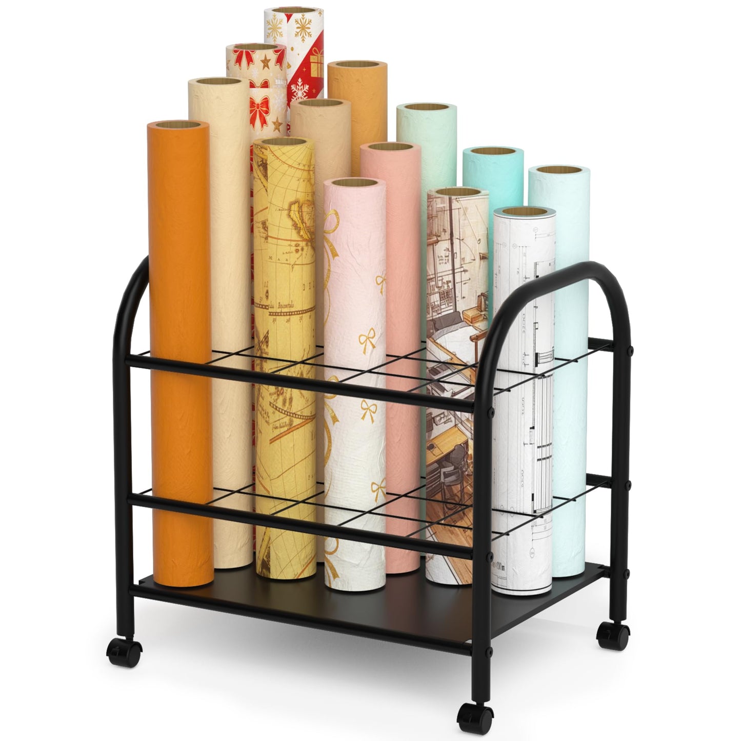 Yutrchey Blueprint Storage Holder with Wheels – 20-Slot Metal Roll File Rack with Silent Casters & Brakes for Blueprints, Wrapping Paper, Posters, Maps – Mobile File Cart for Office & Home (Black)