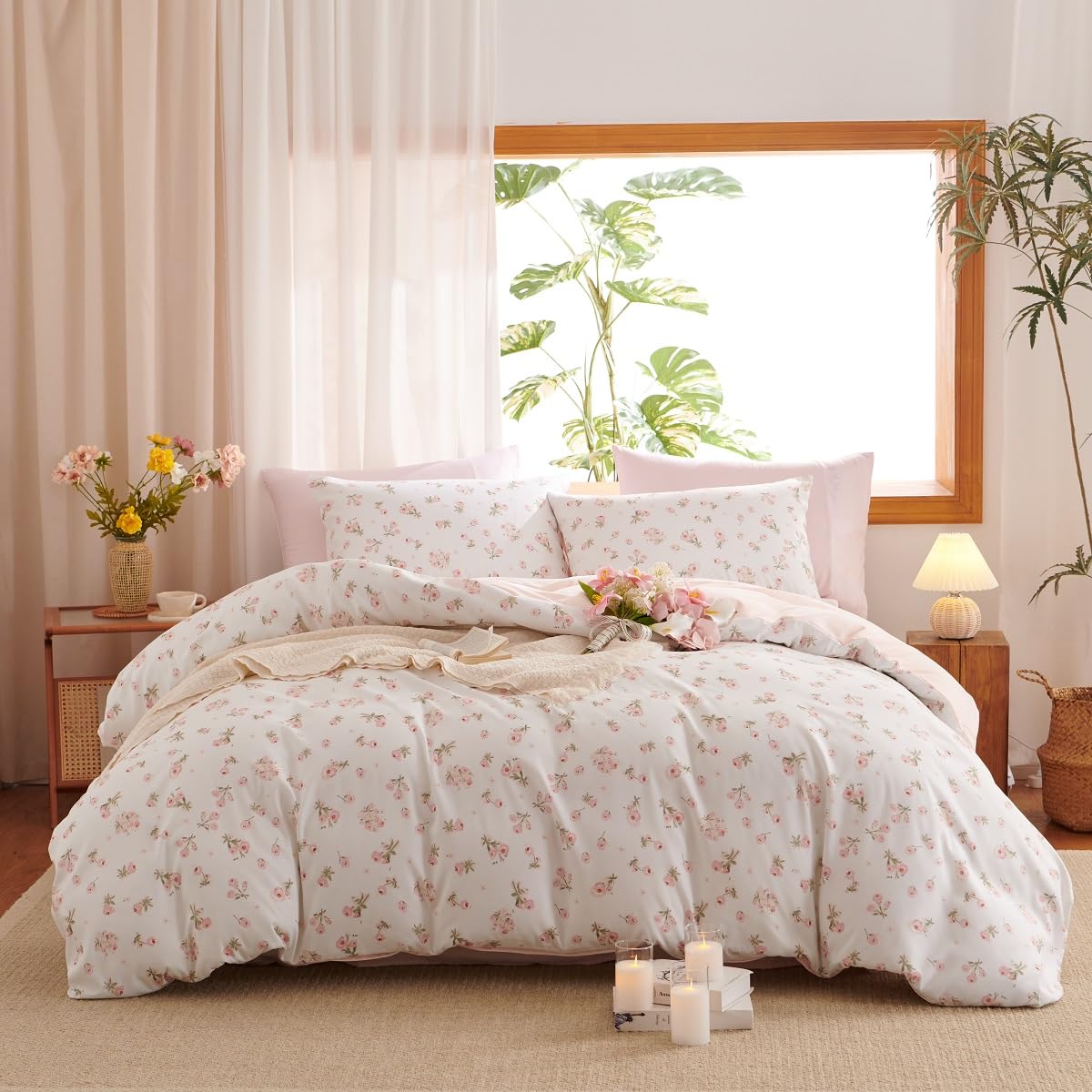 Erwinmu Floral Comforter Set Queen Size - 3 Pieces Pink White Floral Comforter Bedding Sets Reversible Pattern,Queen Bed in a Bag with Flowers Comforter and 2 Pillowcases