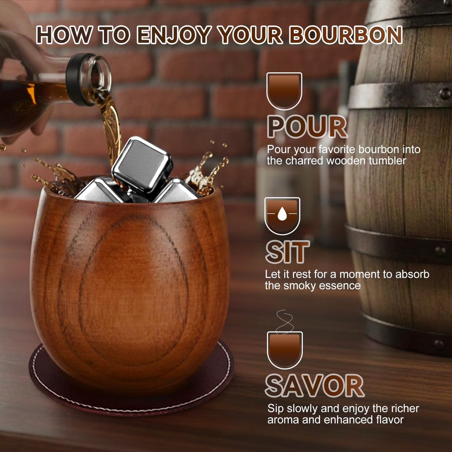 Solunvia Charred Wooden Bourbon Drinking Glass Wooden Whiskey Glasses Set of 2 17-Piece Complete Whiskey Gift Set Old Fashioned Glass Bourbon Gifts for Men Dad, Husband, Brother (Silver Accents)