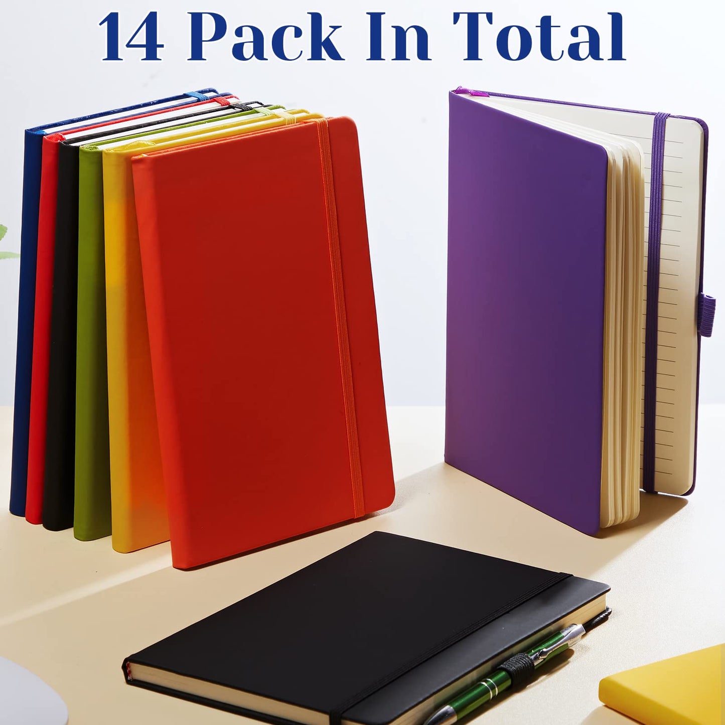 Laumoi 14 Pack Hardcover Journal Notebooks Bulk Journaling Notebook Wide Ruled PU Leather Ruled Lined Journals with Pen Holder for School Business Work Writing (Bright Color,A5)