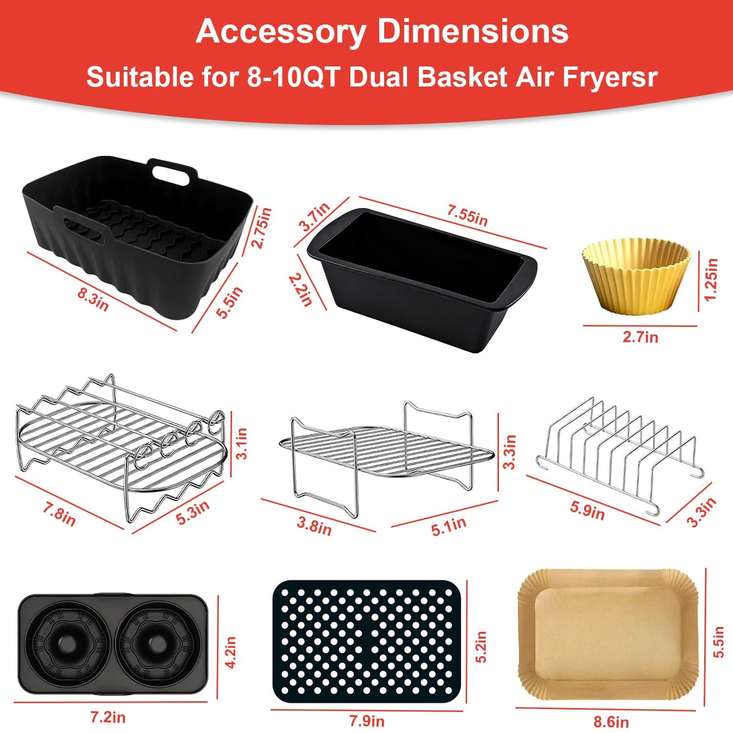 Dual Air Fryer Accessories, Reusable Compatible for Ninja Foodi DZ201, DZ401, DZ550, DZ302, COSORI 9QT, Chefman, Instant, and 6-in-1 8-10QT Dual Basket Air Fryersr,Silicone Liner, Grill
